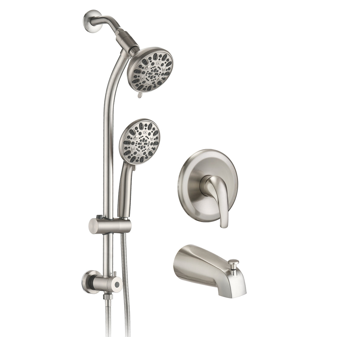 Drill Free Stainless Steel Slide Bar Combo Rain Showerhead 7 Setting Hand, Dual Shower Head Spa System With Tup Spout Rough In Valve Included Brushed Nickel Abs