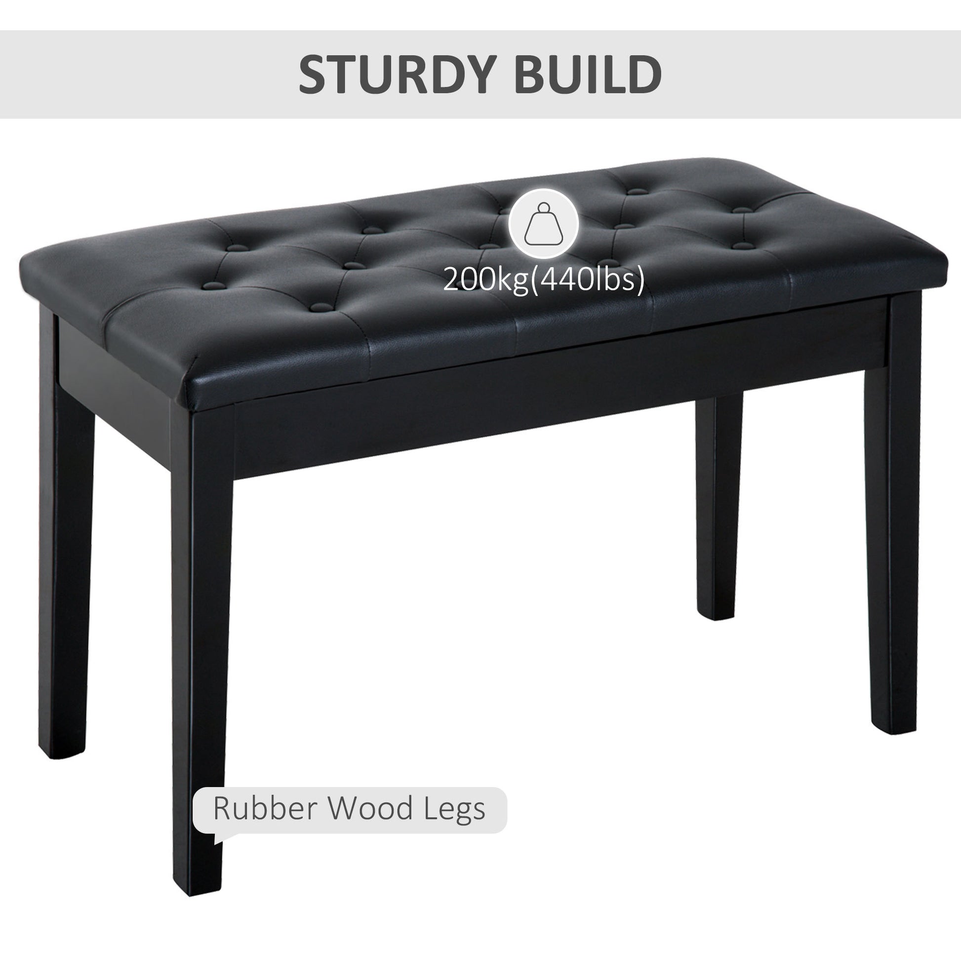 Piano Bench, Duet Piano Chair With Faux Leather Padded Cushion And Wooden Frame, Button Tufted Keyboard Bench, Black Black Faux Leather