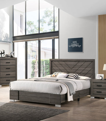 Contemporary Grey Finish Unique Queen Size Bed 1Pc Bedroom Furniture Unique Lines Headboard Wooden Box Spring Not Required Queen Gray Wood Bedroom Classic,Contemporary,Modern Bed Frame Solid Wood Mdf