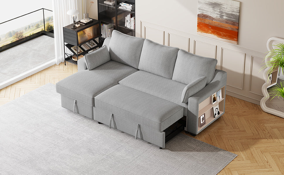 90" Pull Out Sleeper Sofa L Shaped Couch Convertible Sofa Bed With Storage Chaise, Storage Racks And Usb Ports, Light Grey Light Grey Foam Polyester 3 Seat