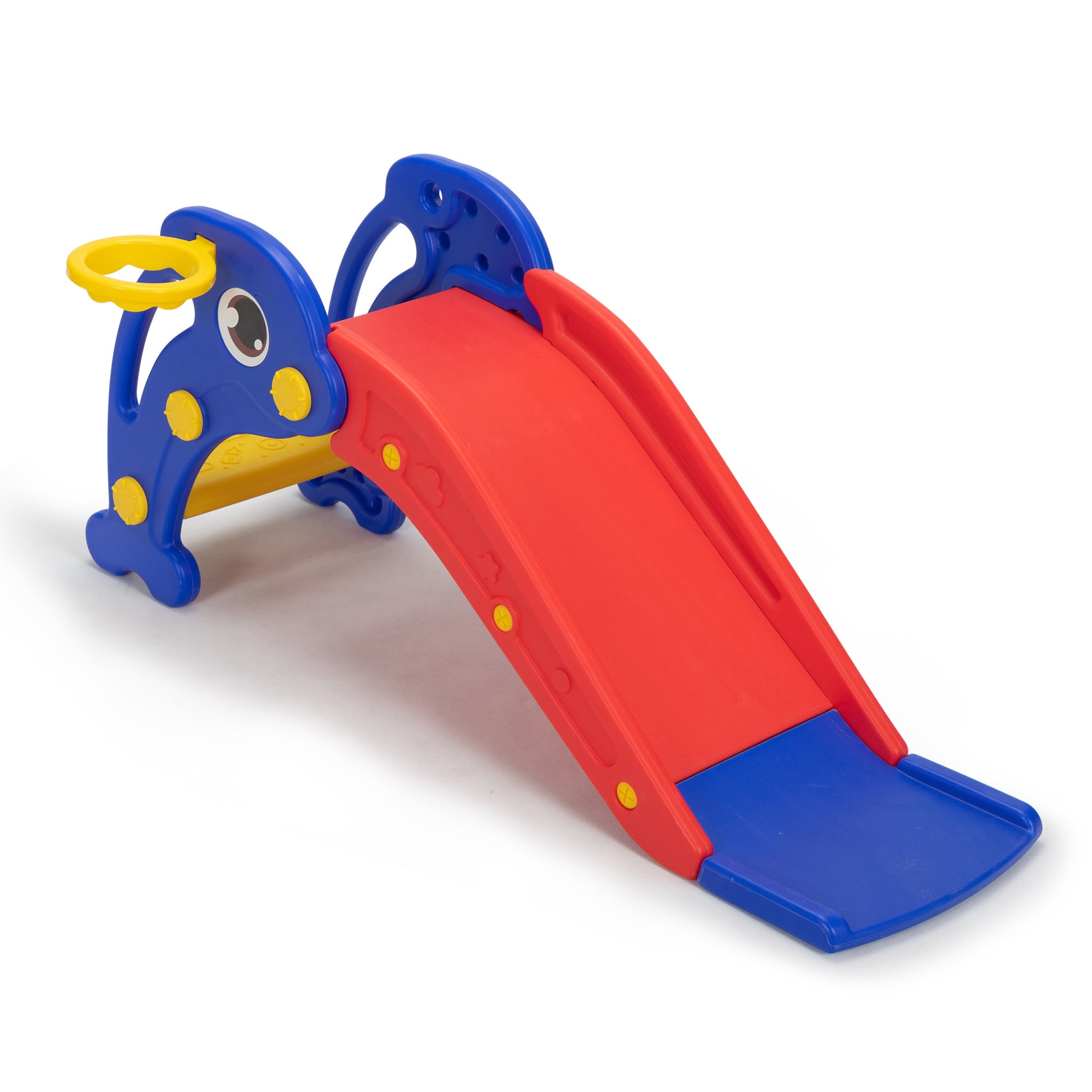 Toddler Slide, Dolphin Play Slide For Outdoor And Indoor, Freestanding Climber Playset With Basketball Hoop, Ball And Ladder, Red And Blue Blue Red Hdpe