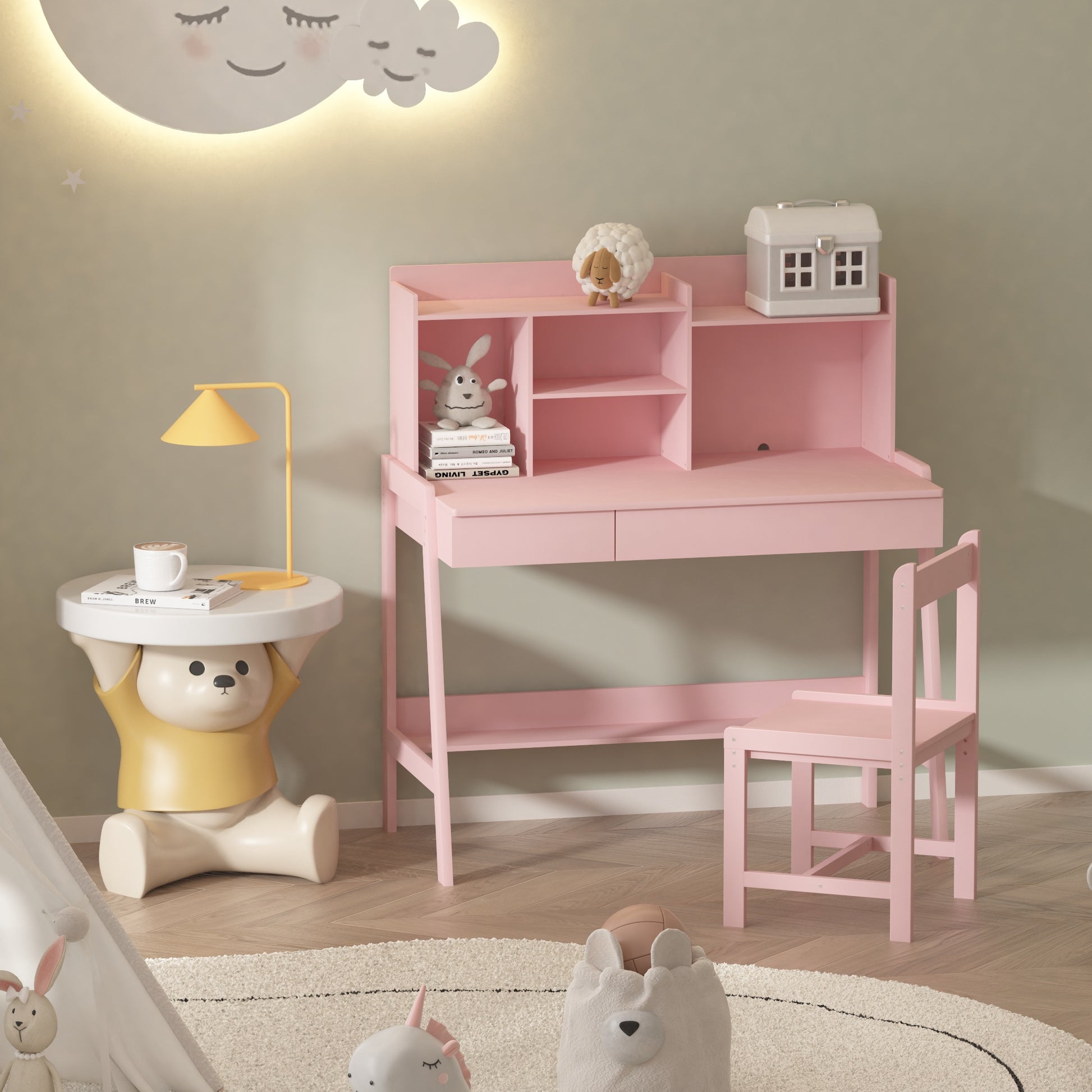 Modern Classic Desk, Children'S Desk, Solid Wood Desk, Bedroom Boy And Girl Family Desk And Chair Set, Compact, Multi Space Available, Multi Color Optional, Multi Storage Space, Color: Pink Pink Light Brown Desk And Chair Set Study Classic Pine