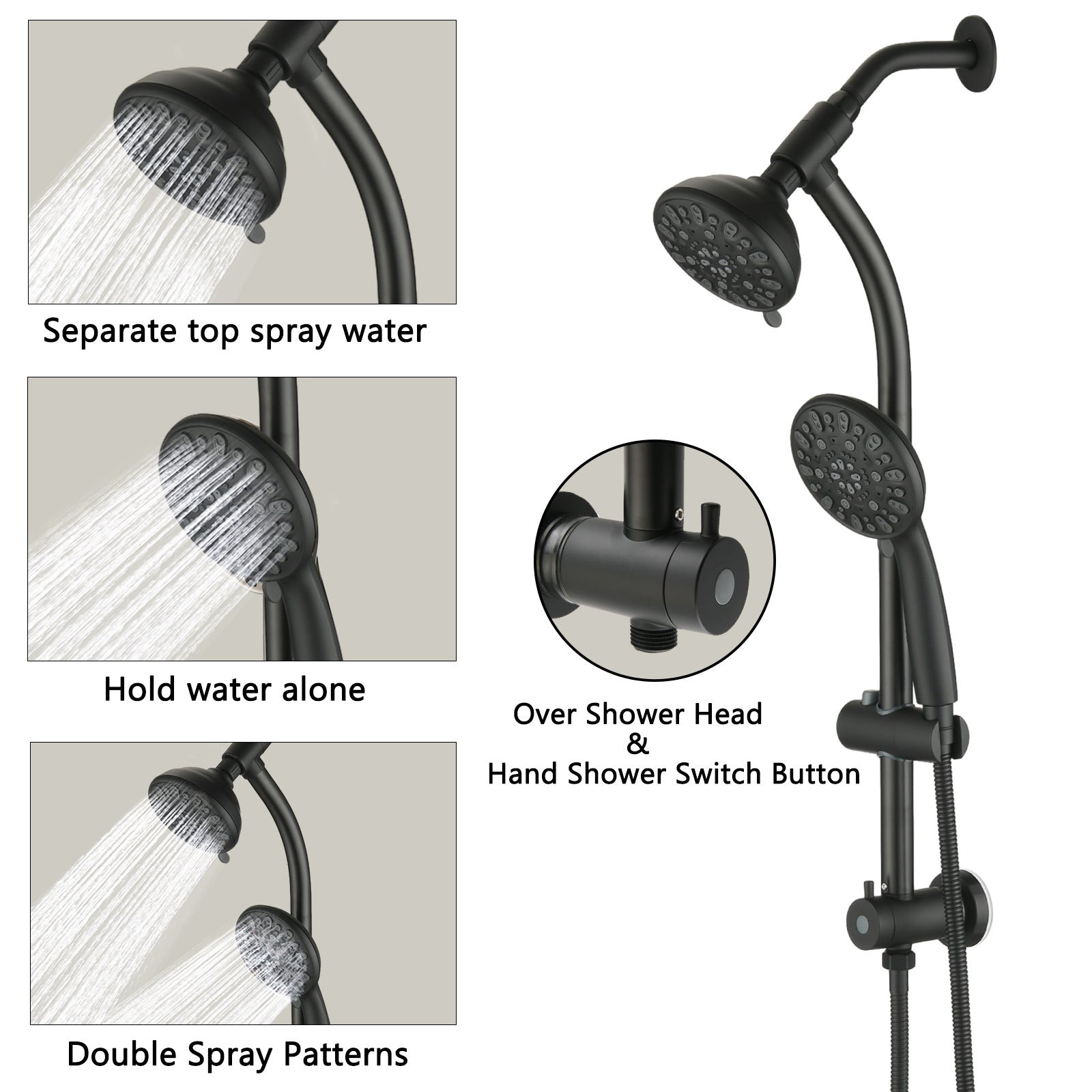 Drill Free Stainless Steel Slide Bar Combo Rain Showerhead 7 Setting Hand, Dual Shower Head Spa System Matte Black Abs