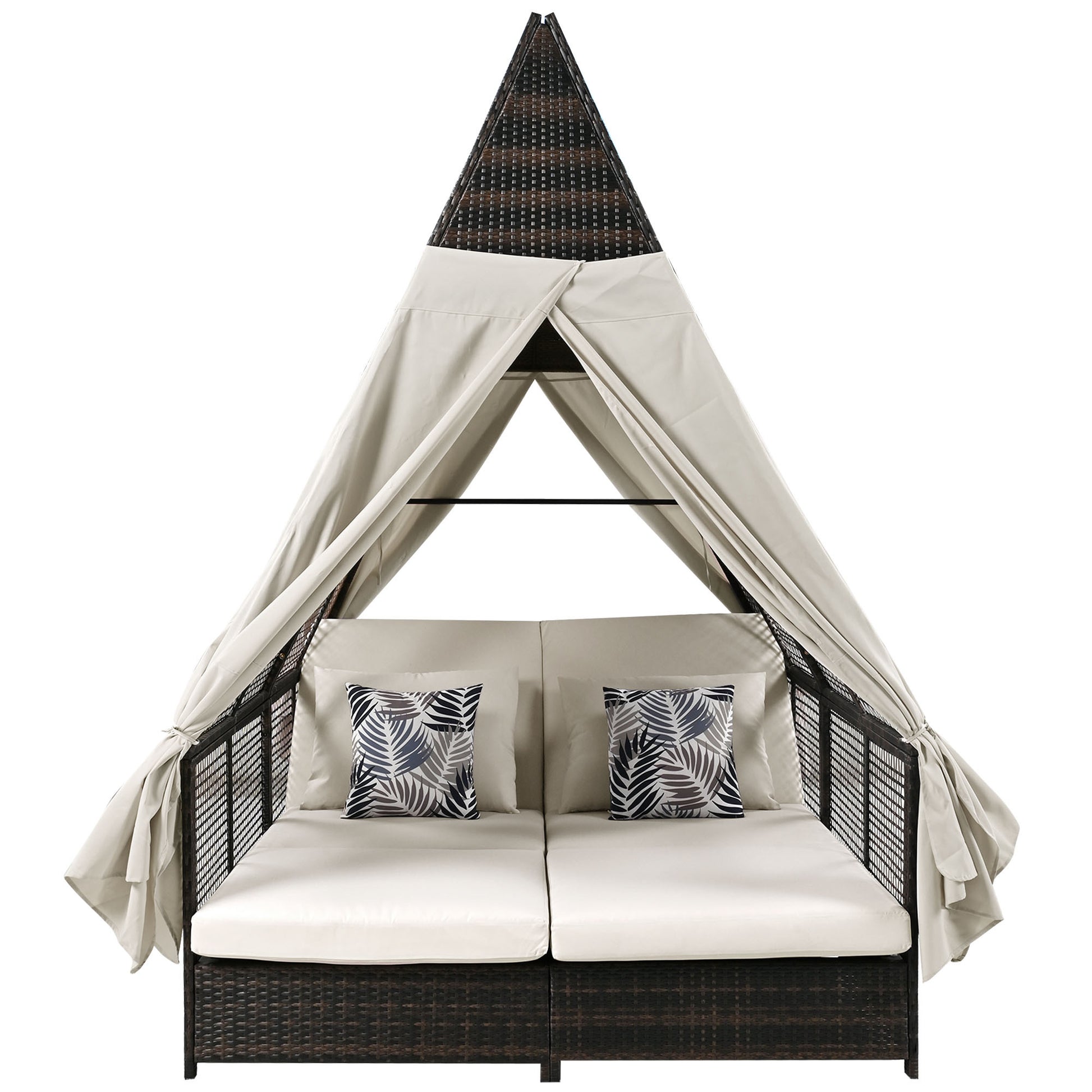 Outdoor Daybed Patio Lounge Bed With Adjustable Backrest Outdoor Double Sun Lounger With Curtains, 4 Pillows For Garden Patio Poolside Balcony Beach, Beige Yes Beige Water Resistant Frame Water Resistant Cushion Garden & Outdoor Sectional Seating Groups