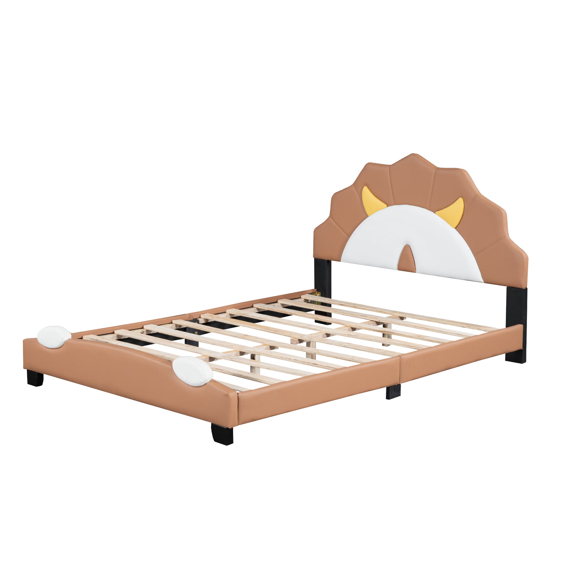 Full Size Upholstered Leather Platform Bed With Lion Shaped Headboard, Brown Brown Upholstered