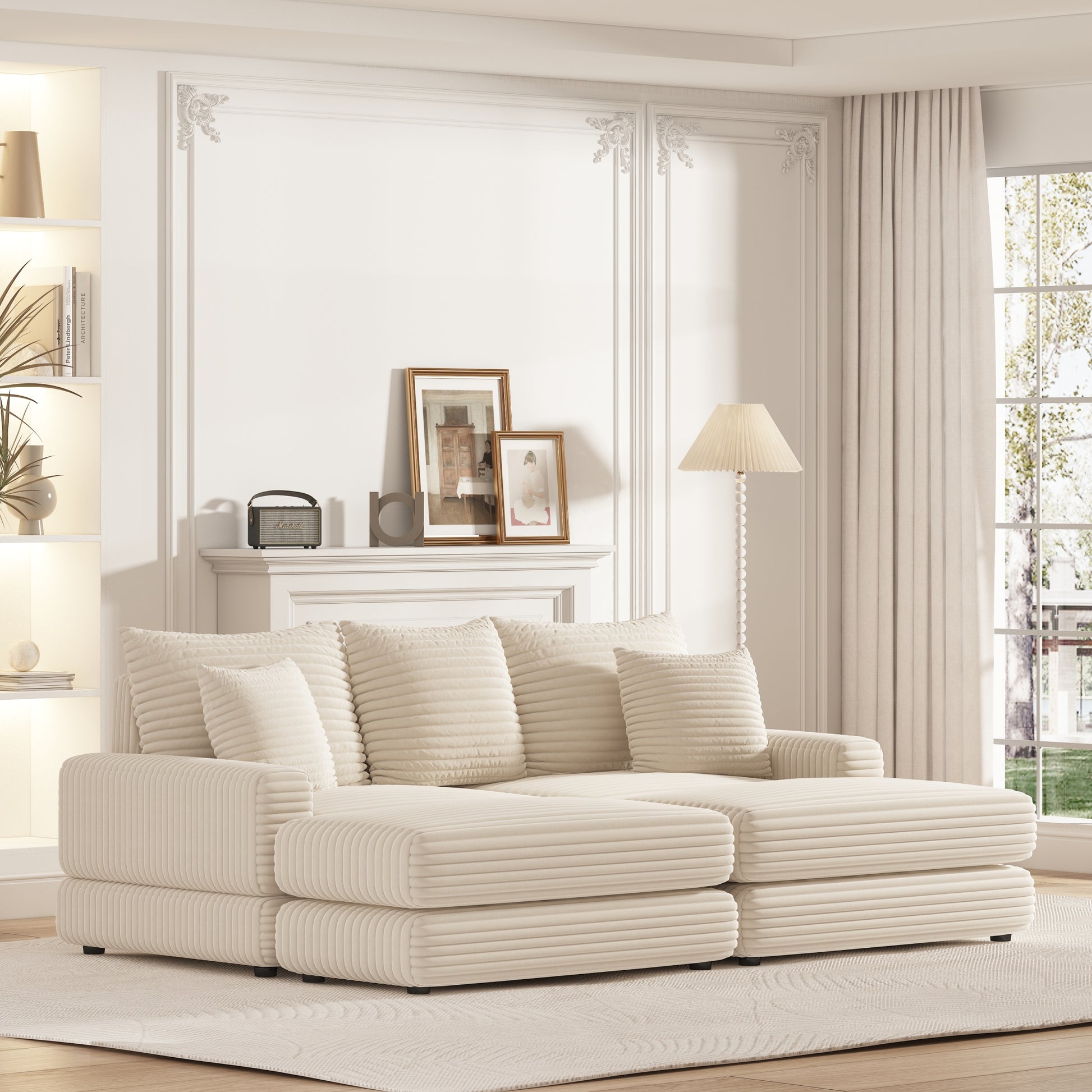 86.6Inch Corduroy 3 Seater Sofa With 3 Back Pillows2 Toss Pillows And Two Ottoman ,Comfy Sofa Deep Seat Couch For Living Room Beige Corduroy
