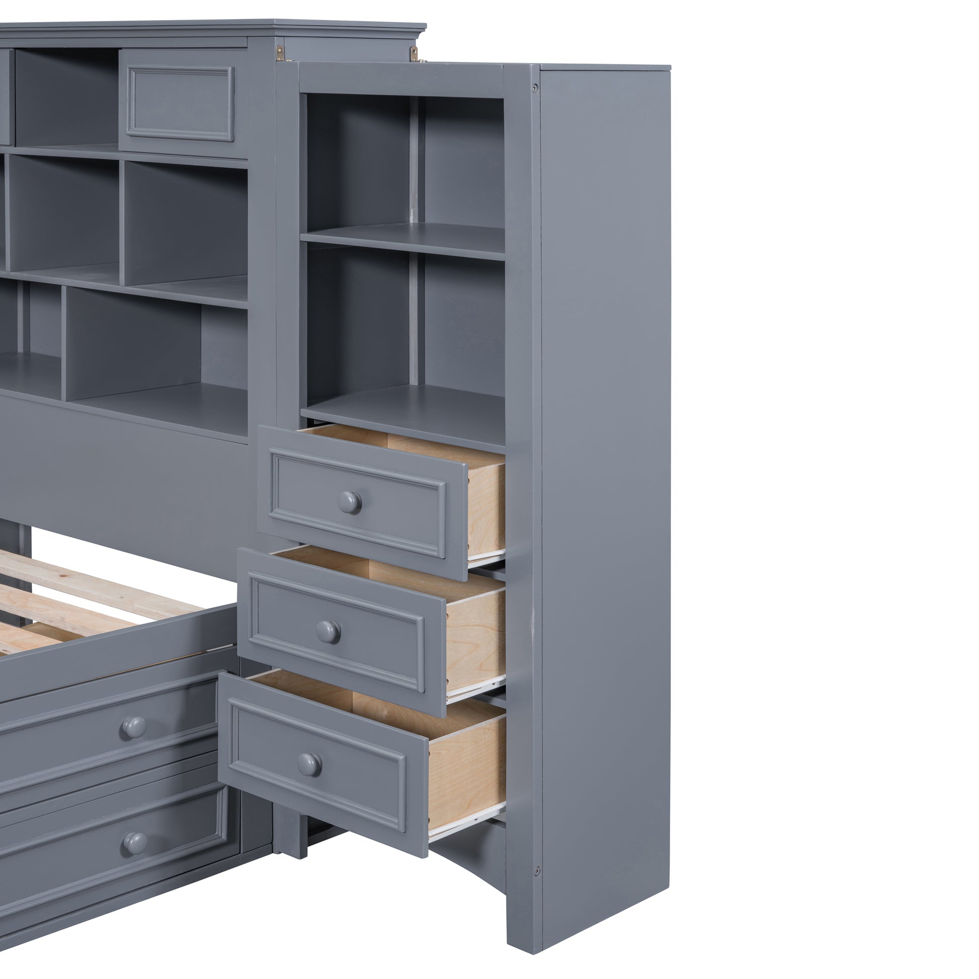 Twin Size Wood Platformbed With Vertical All In One Cabinet And 4 Drawers On Each Side, Gray Twin Gray Solid Wood Mdf