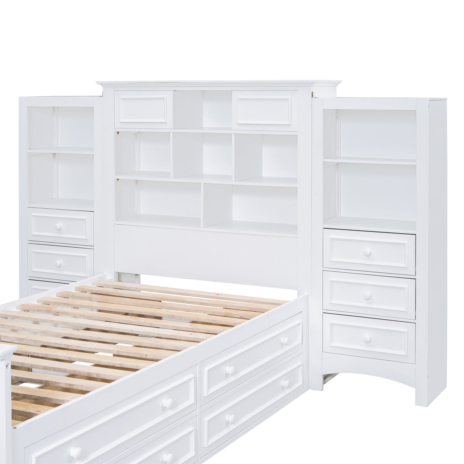 Twin Size Wood Platformbed With Vertical All In One Cabinet And 4 Drawers On Each Side, White Twin White Solid Wood Mdf