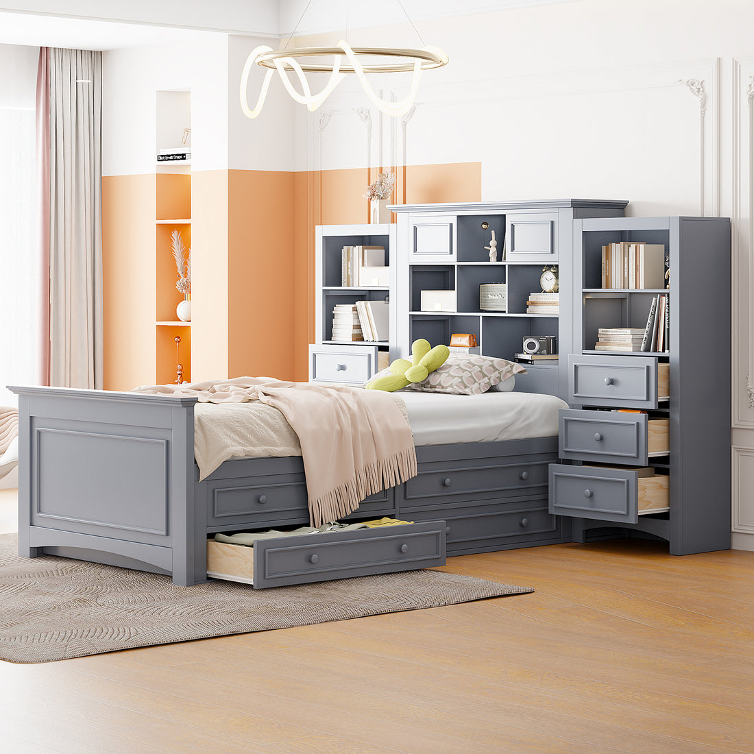 Twin Size Wood Platformbed With Vertical All In One Cabinet And 4 Drawers On Each Side, Gray Twin Gray Solid Wood Mdf