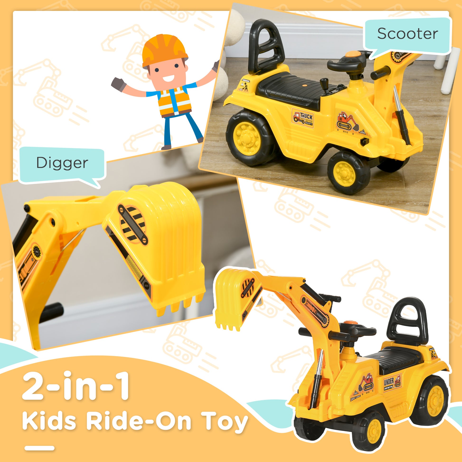 Ride On Excavator Pull Cart, Kids Digger Ride On Truck With Horn, Under Seat Storage, Sit And Scoot Pretend Play Toy Construction Car For Ages 18M Yellow Abs