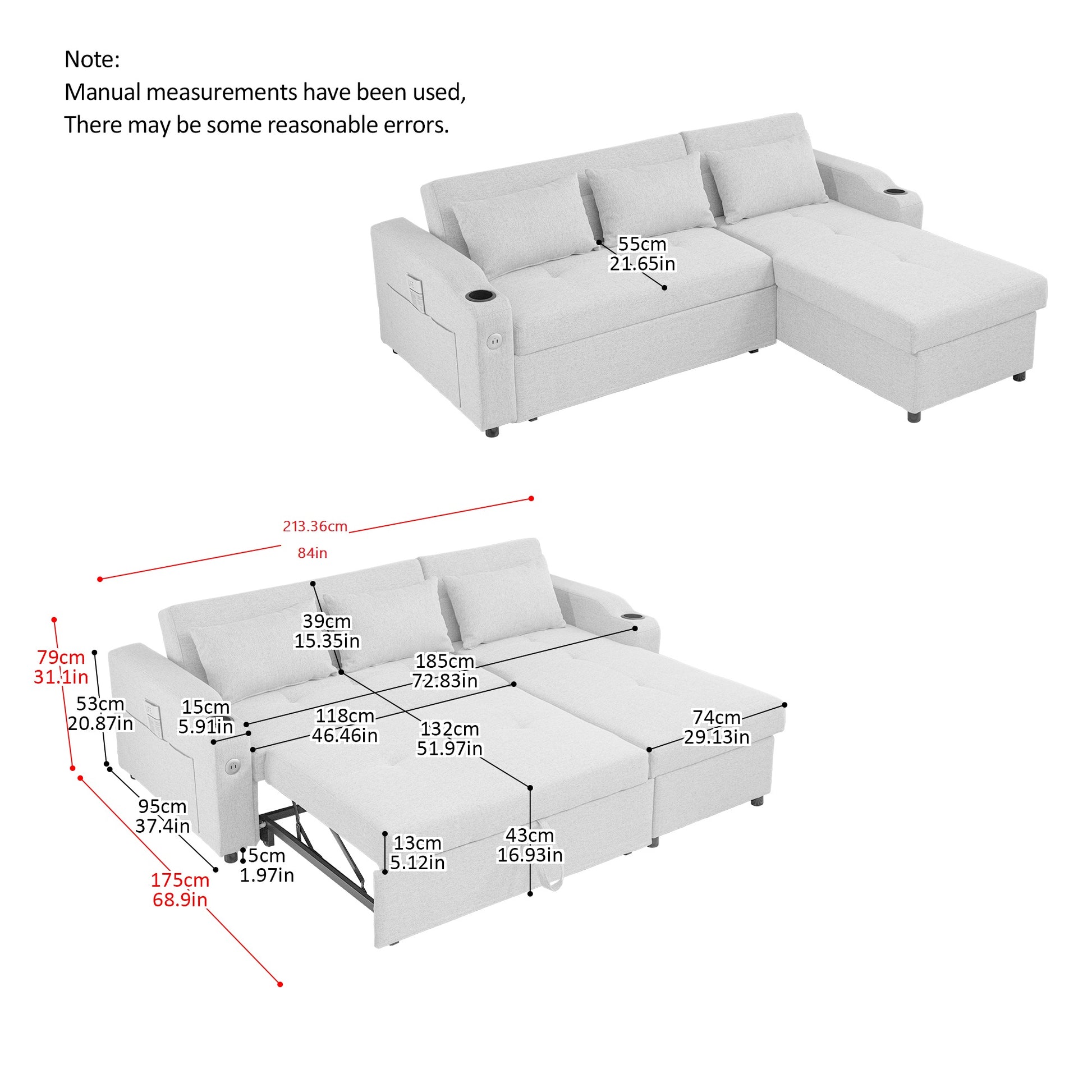 84"Adjustable Backrest Sofa Bed,3 In 1 Linen Sleeper With Usb Ports & Cup Holders, Pull Out Couch Bed With Storage Chaise,Convertible L Shaped Couch For Living Room Grey Linen Metal Primary Living