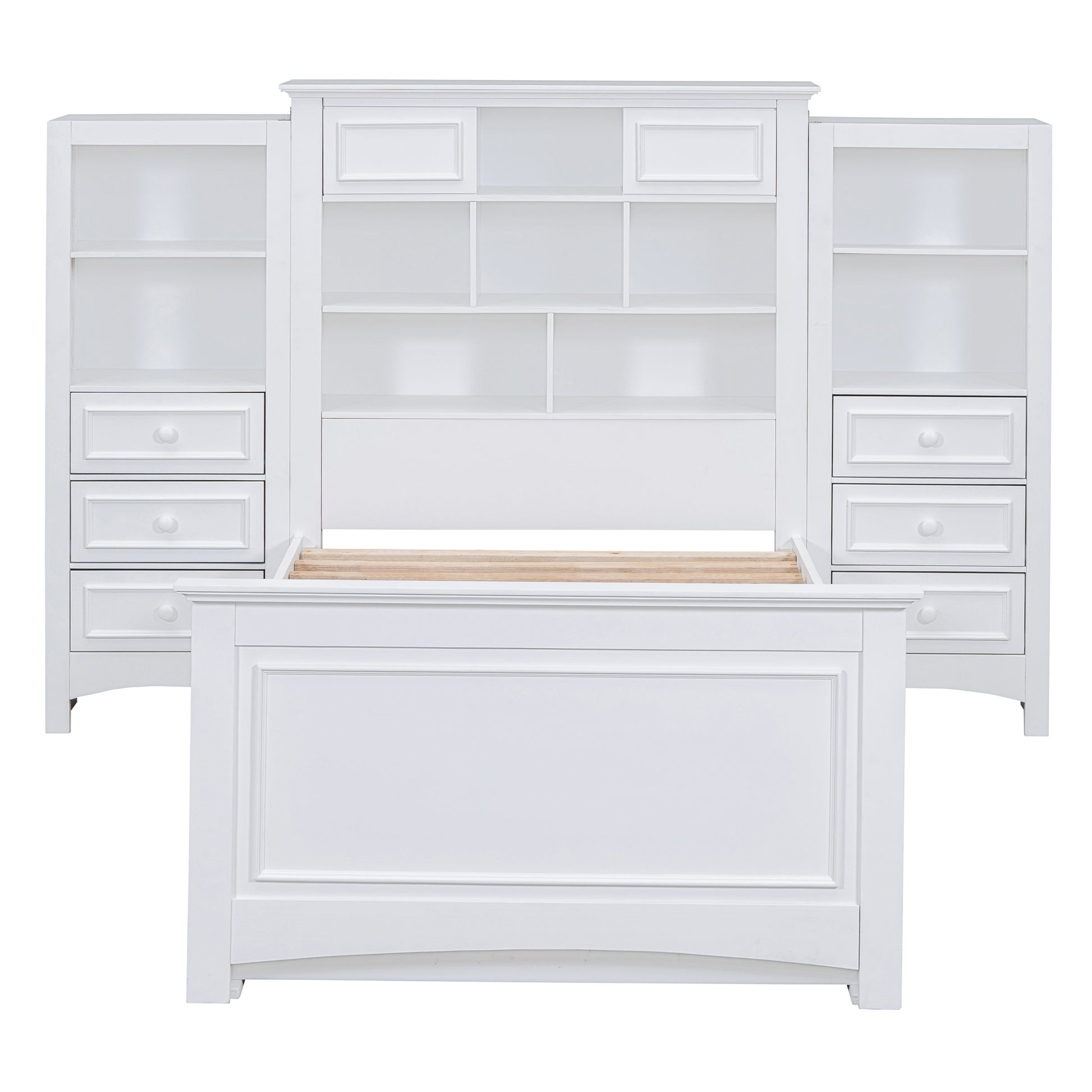 Twin Size Wood Platformbed With Vertical All In One Cabinet And 4 Drawers On Each Side, White Twin White Solid Wood Mdf