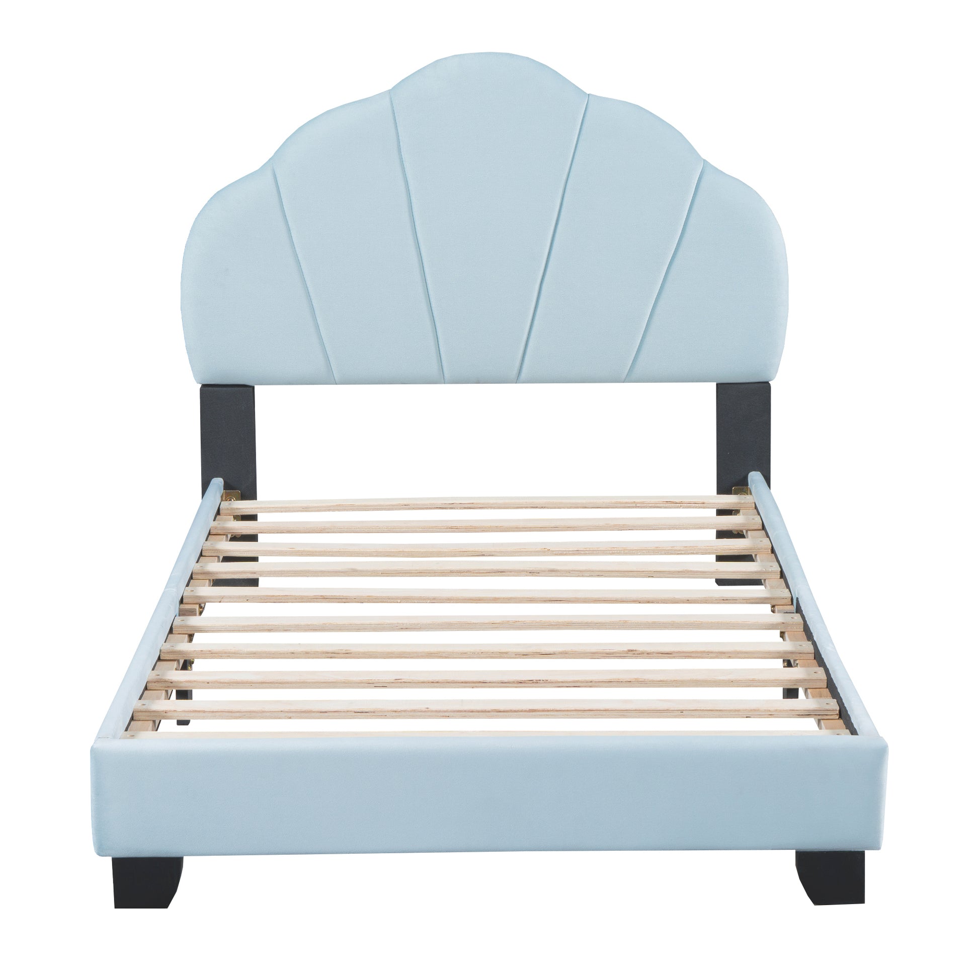 Twin Size Upholstered Velvet Platform Bed With Shell Shaped Headboard, Blue Blue Upholstered