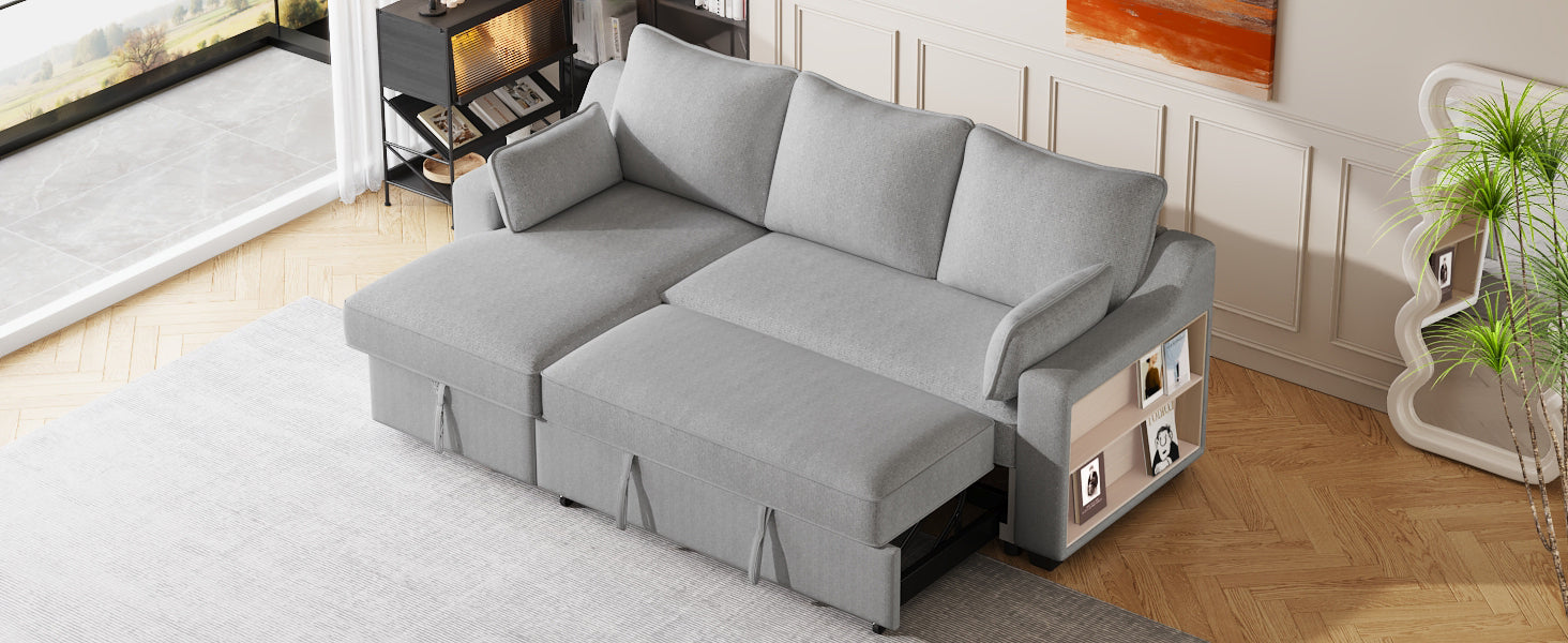 90" Pull Out Sleeper Sofa L Shaped Couch Convertible Sofa Bed With Storage Chaise, Storage Racks And Usb Ports, Light Grey Light Grey Foam Polyester 3 Seat