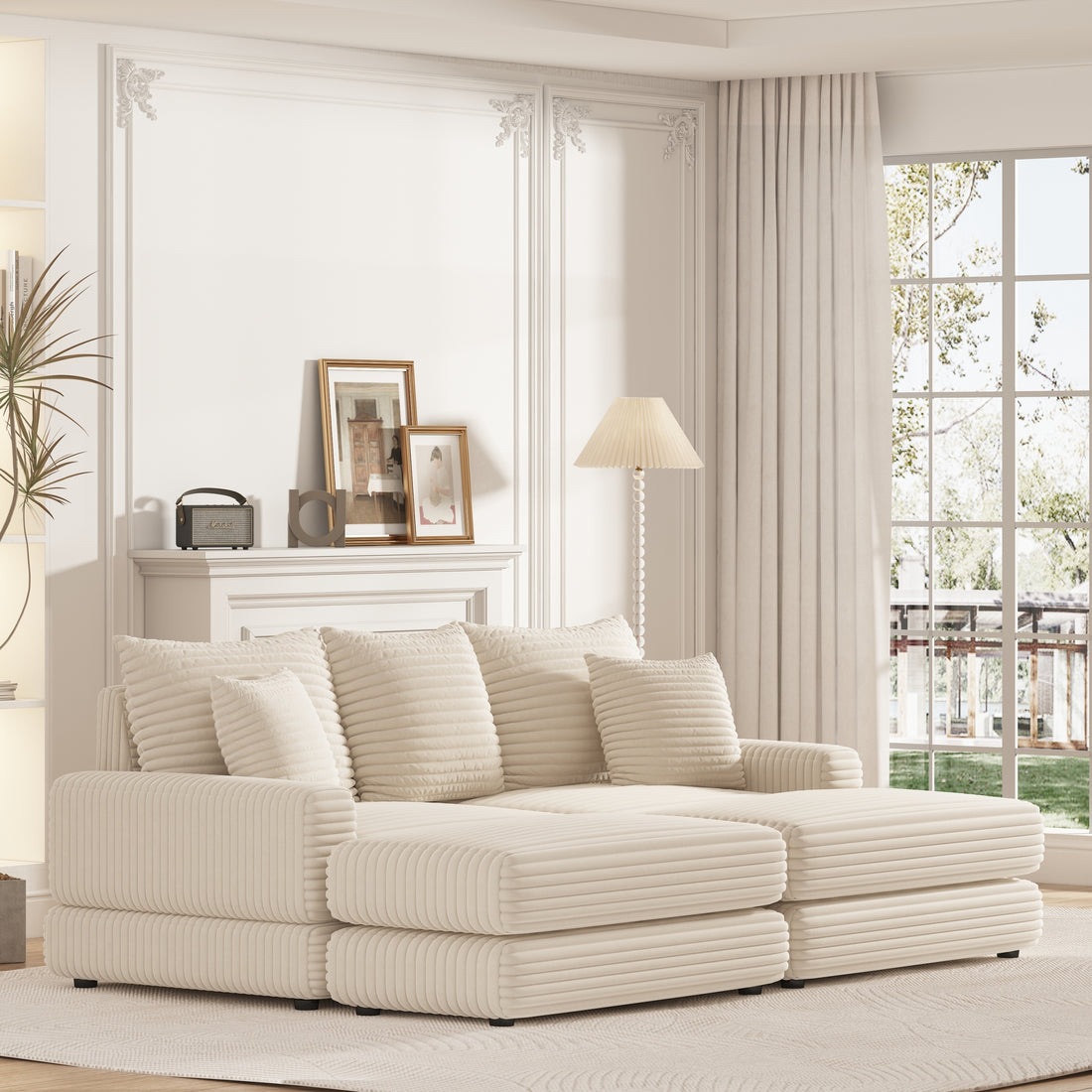 86.6Inch Corduroy 3 Seater Sofa With 3 Back Pillows2 Toss Pillows And Two Ottoman ,Comfy Sofa Deep Seat Couch For Living Room Beige Corduroy