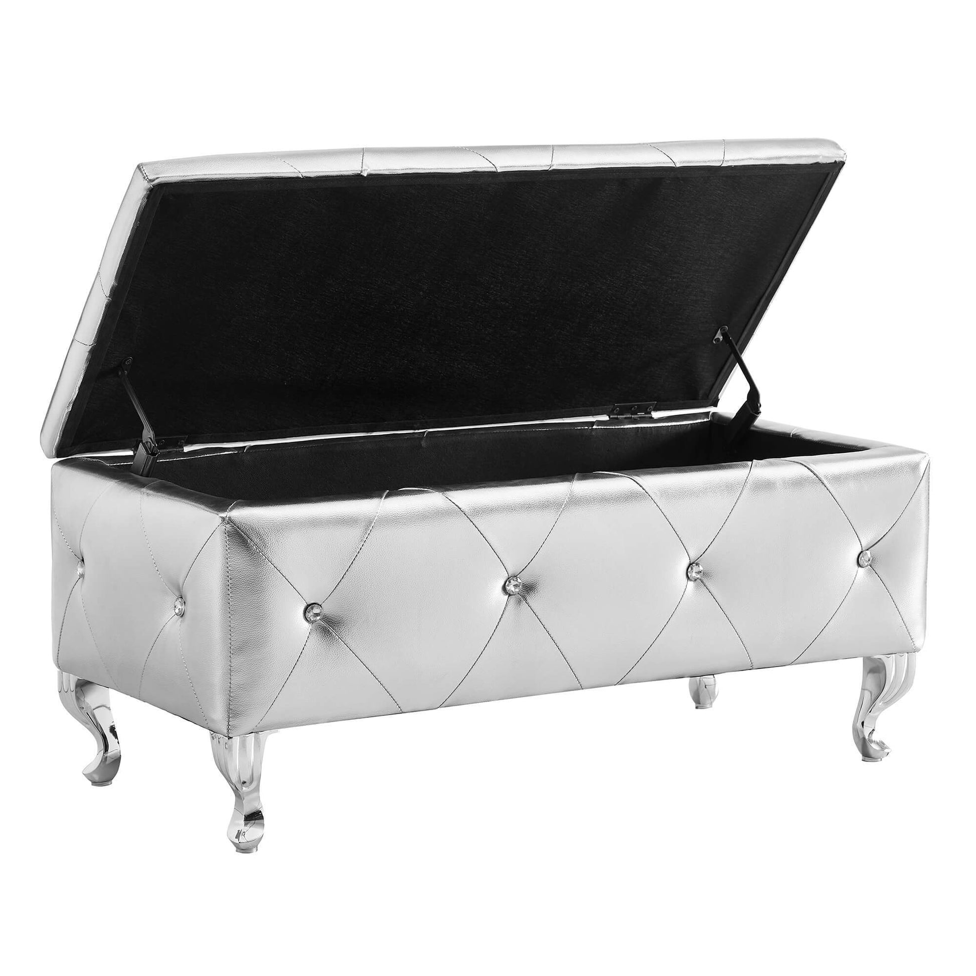 Upholstered Storage Ottoman Bench For Bedroom End Of Bed Faux Leather Rectangular Storage Benches Footrest With Crystal Buttons For Living Room Entryway Silver White Wood Bedroom Black Pattern Pine Wood With Storage Silver Faux Leather Faux Leather