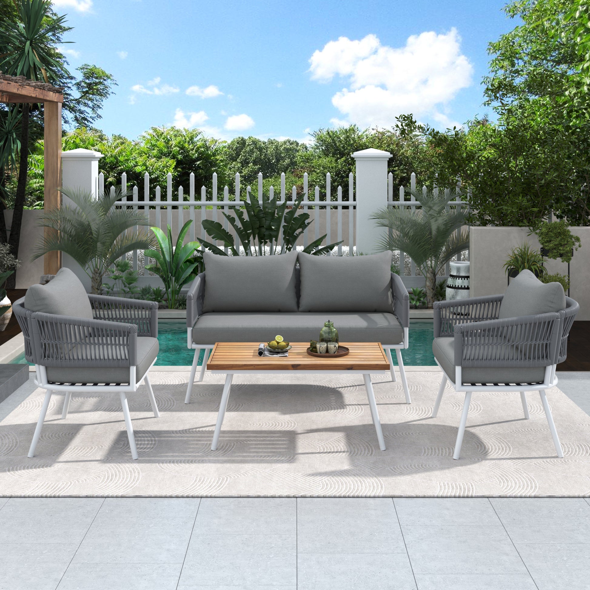 K&K 4 Piece Boho Rope Patio Furniture Set, Outdoor Furniture With Acacia Wood Table, Patio Conversation Set With Deep Seating & Thick Cushion For Backyard Porch Balcony, Grey Yes Complete Patio Set Grey Weather Resistant Frame Fade Resistant Cushion