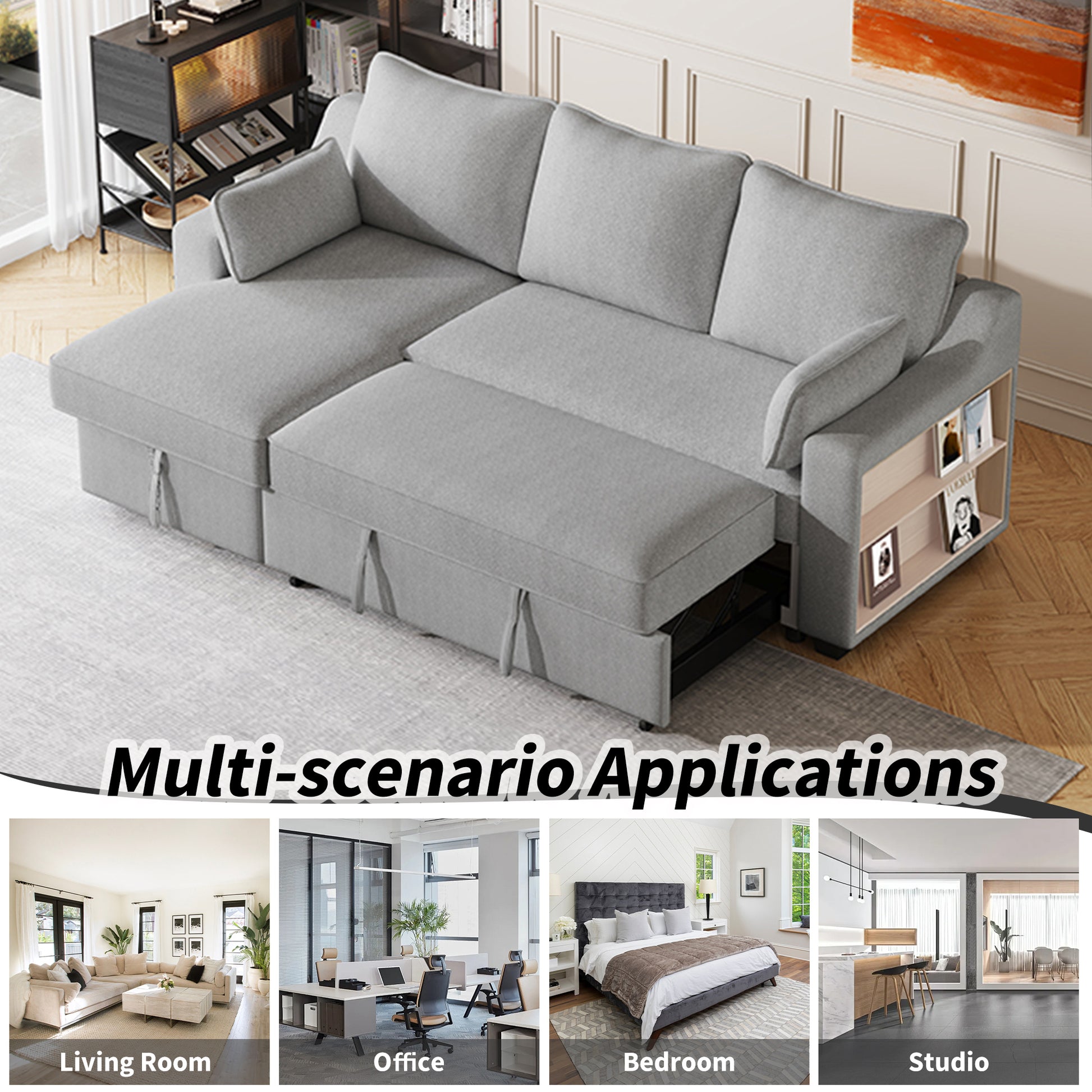 90" Pull Out Sleeper Sofa L Shaped Couch Convertible Sofa Bed With Storage Chaise, Storage Racks And Usb Ports, Light Grey Light Grey Foam Polyester 3 Seat