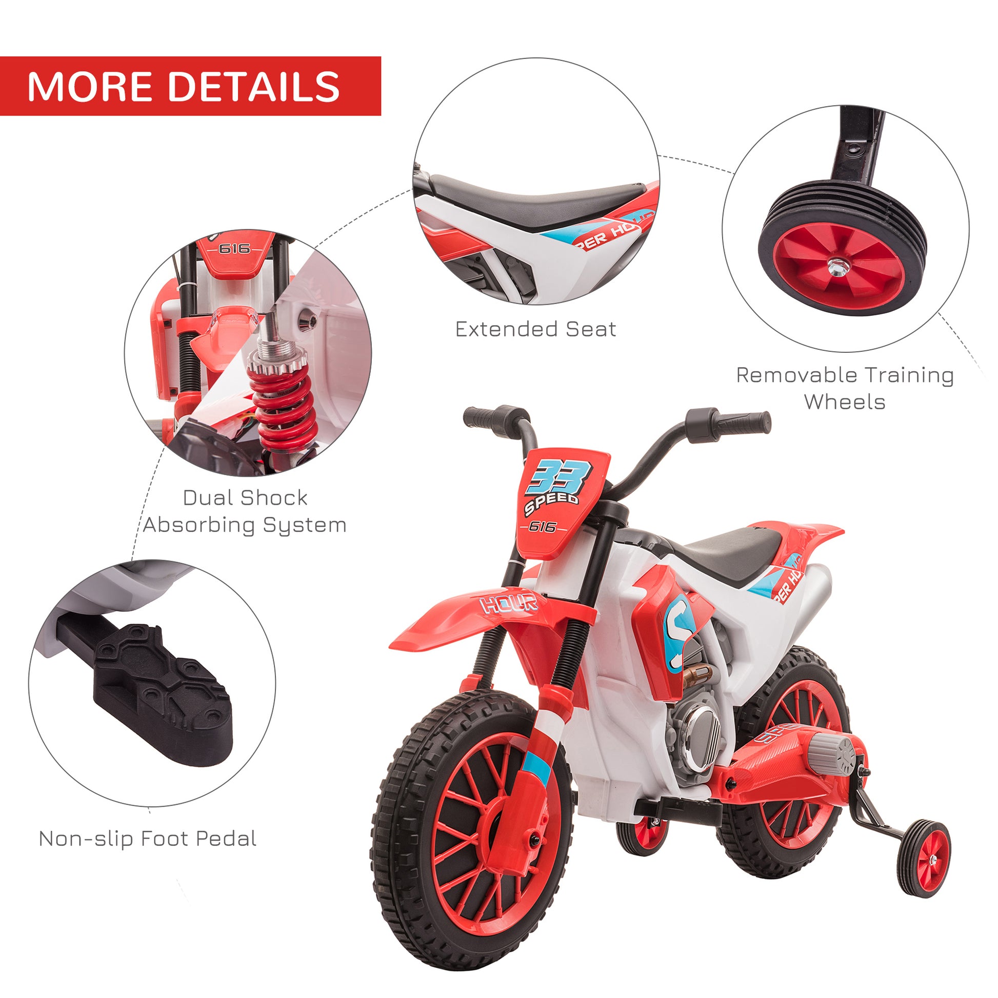 12V Kids Motorcycle Dirt Bike Electric Battery Powered Ride On Toy Off Road Street Bike With Charging Battery, Training Wheels Red Red Steel