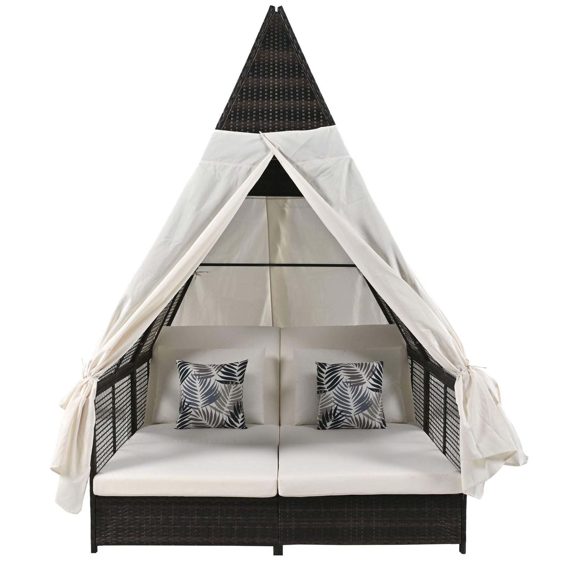 Outdoor Daybed Patio Lounge Bed With Adjustable Backrest Outdoor Double Sun Lounger With Curtains, 4 Pillows For Garden Patio Poolside Balcony Beach, Cream Yes Cream Water Resistant Frame Water Resistant Cushion Garden & Outdoor Sectional Seating Groups