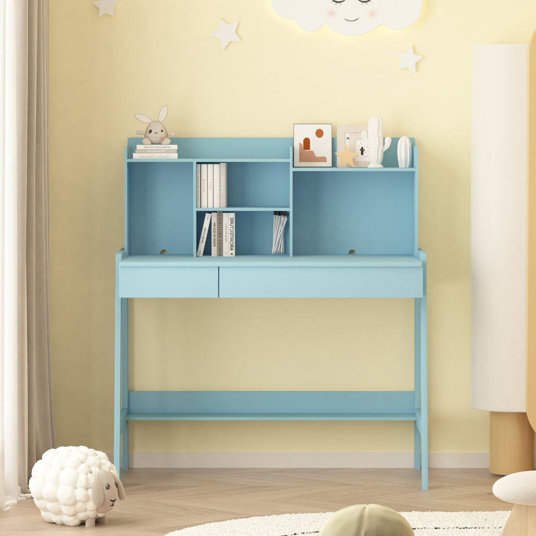 Modern Classic Desk, Children'S Desk, Solid Wood Desk, Bedroom Boy And Girl Family Desk And Chair Set, Compact, Multi Space Available, Multi Color Optional, Multi Storage Space, Color:Blue Antique Blue Light Brown Study Classic Pine Solid Wood Mdf