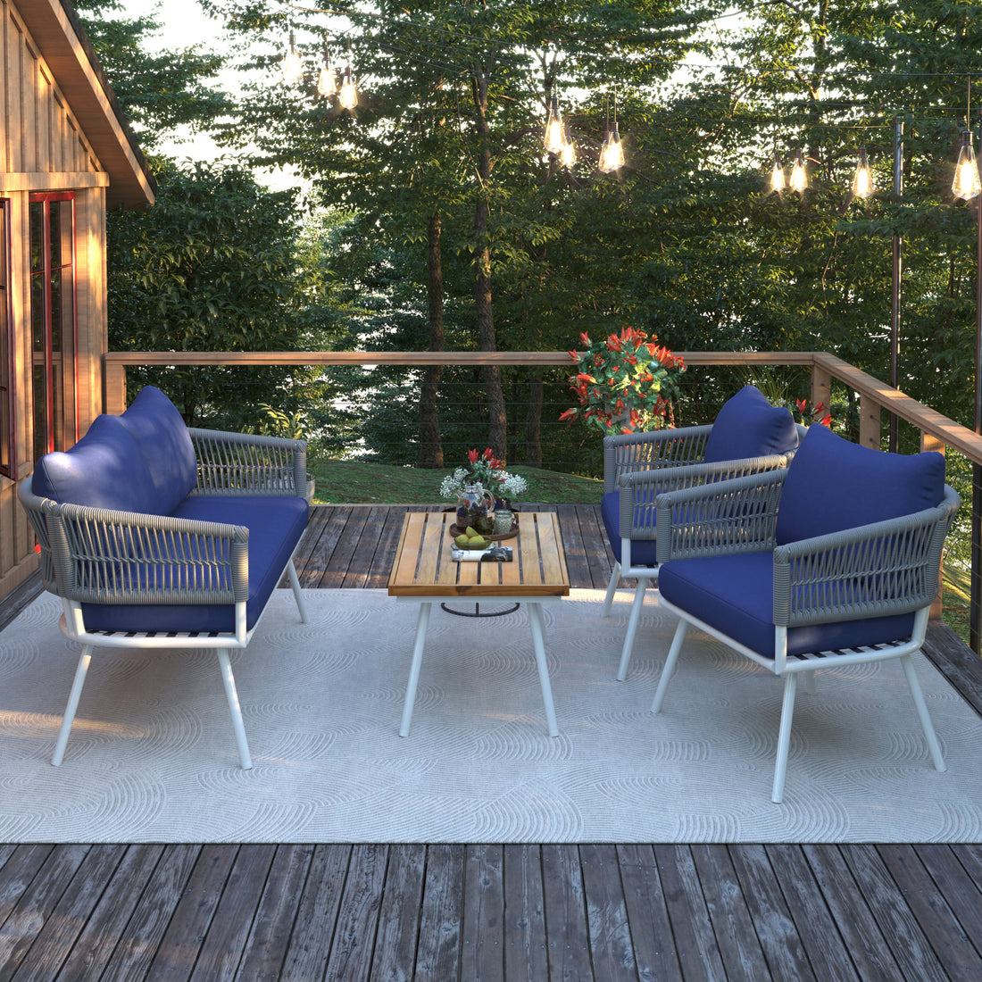 K&K 4 Piece Boho Rope Patio Furniture Set, Outdoor Furniture With Acacia Wood Table, Patio Conversation Set With Deep Seating & Thick Cushion For Backyard Porch Balcony, Navy Blue Yes Complete Patio Set Navy Blue Weather Resistant Frame Fade Resistant