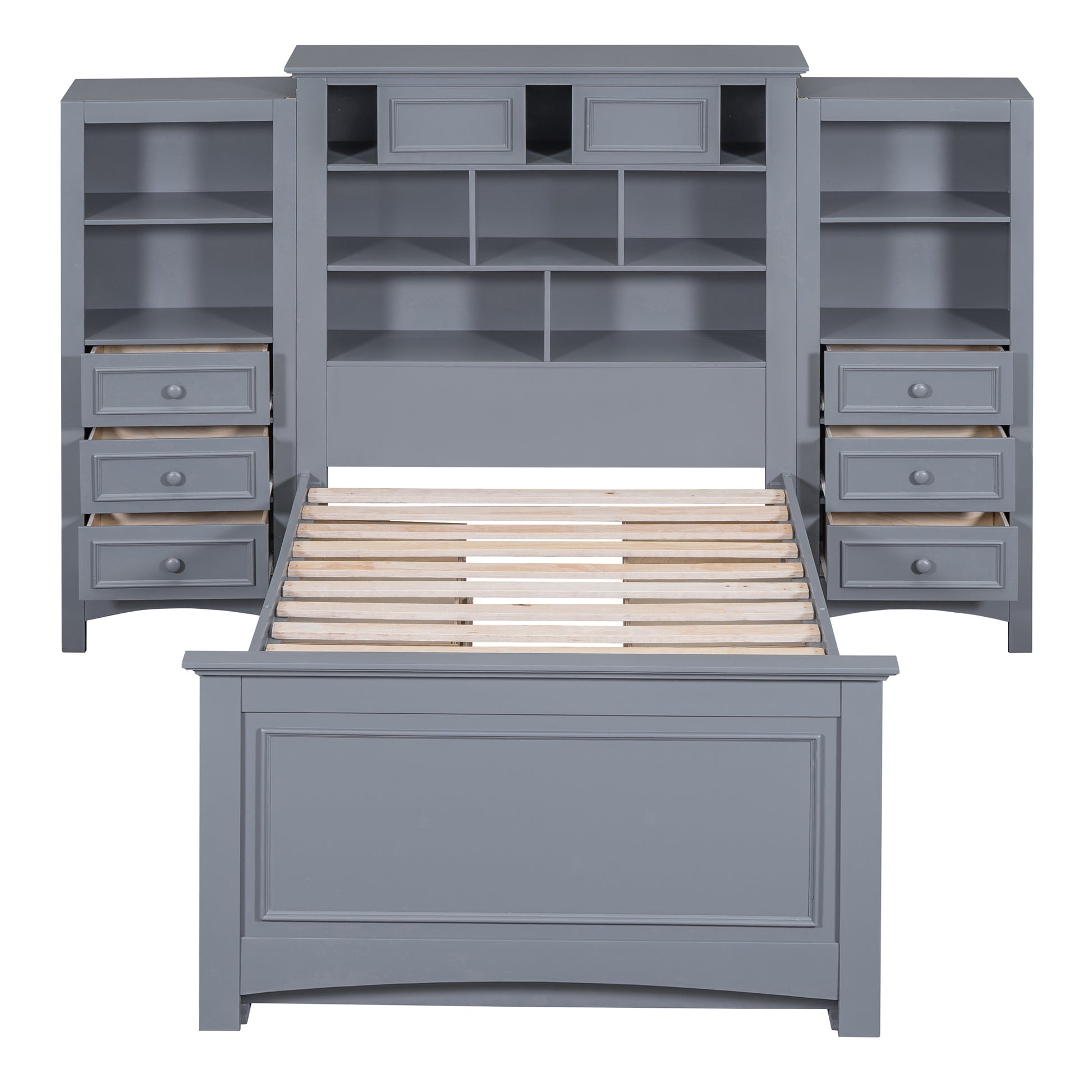 Twin Size Wood Platformbed With Vertical All In One Cabinet And 4 Drawers On Each Side, Gray Twin Gray Solid Wood Mdf