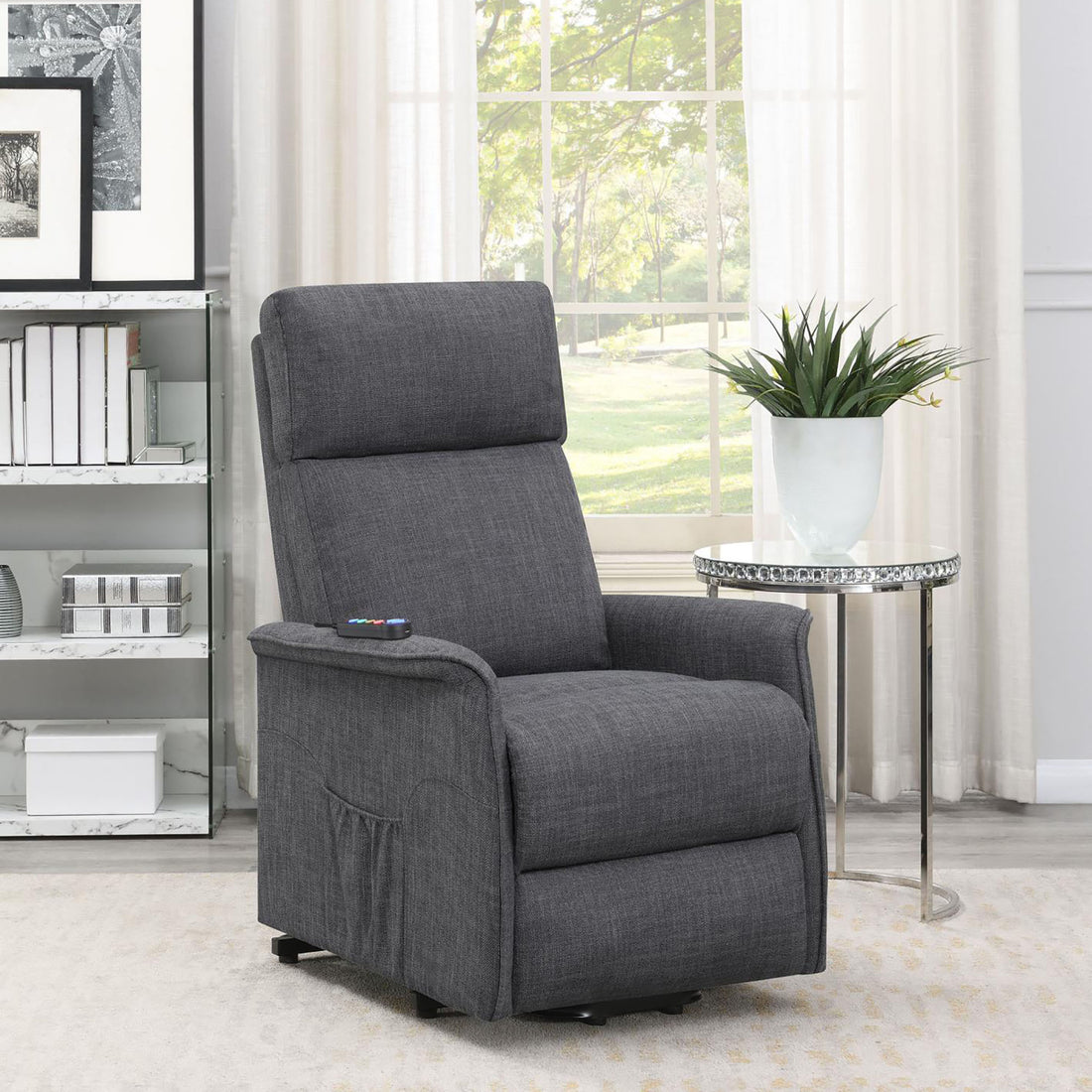 Charcoal Power Lift Recliner With Massage Function Grey Chenille Power Remote Wood Primary Living Space Cushion Back Contemporary,Modern Flared Arms Foam Upholstered