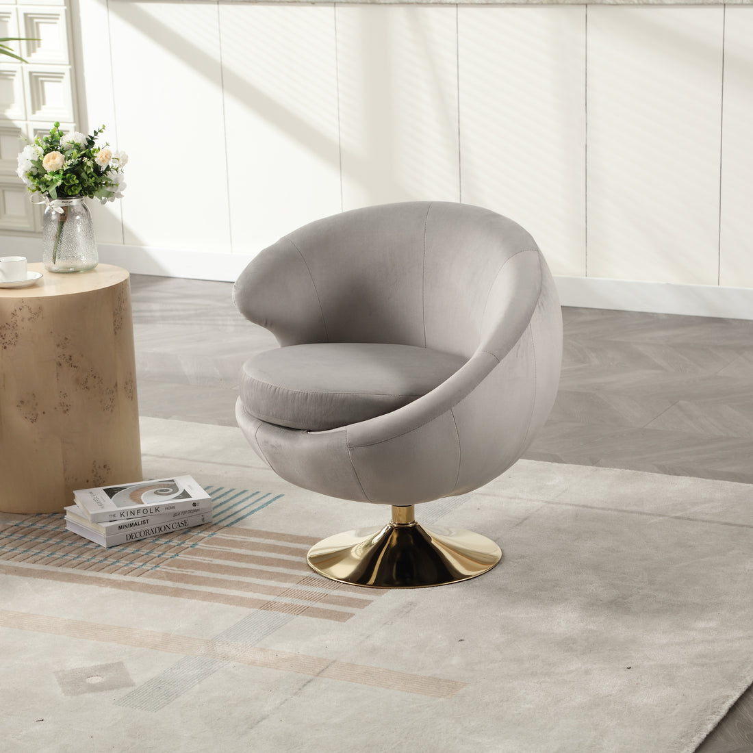 360 Degree Swivel Cuddle Barrel Accent Chairs, Round Armchairs With Wide Upholstered, Fluffy Fabric Chair For Living Room, Bedroom, Office, Waiting Rooms Gray Velvet