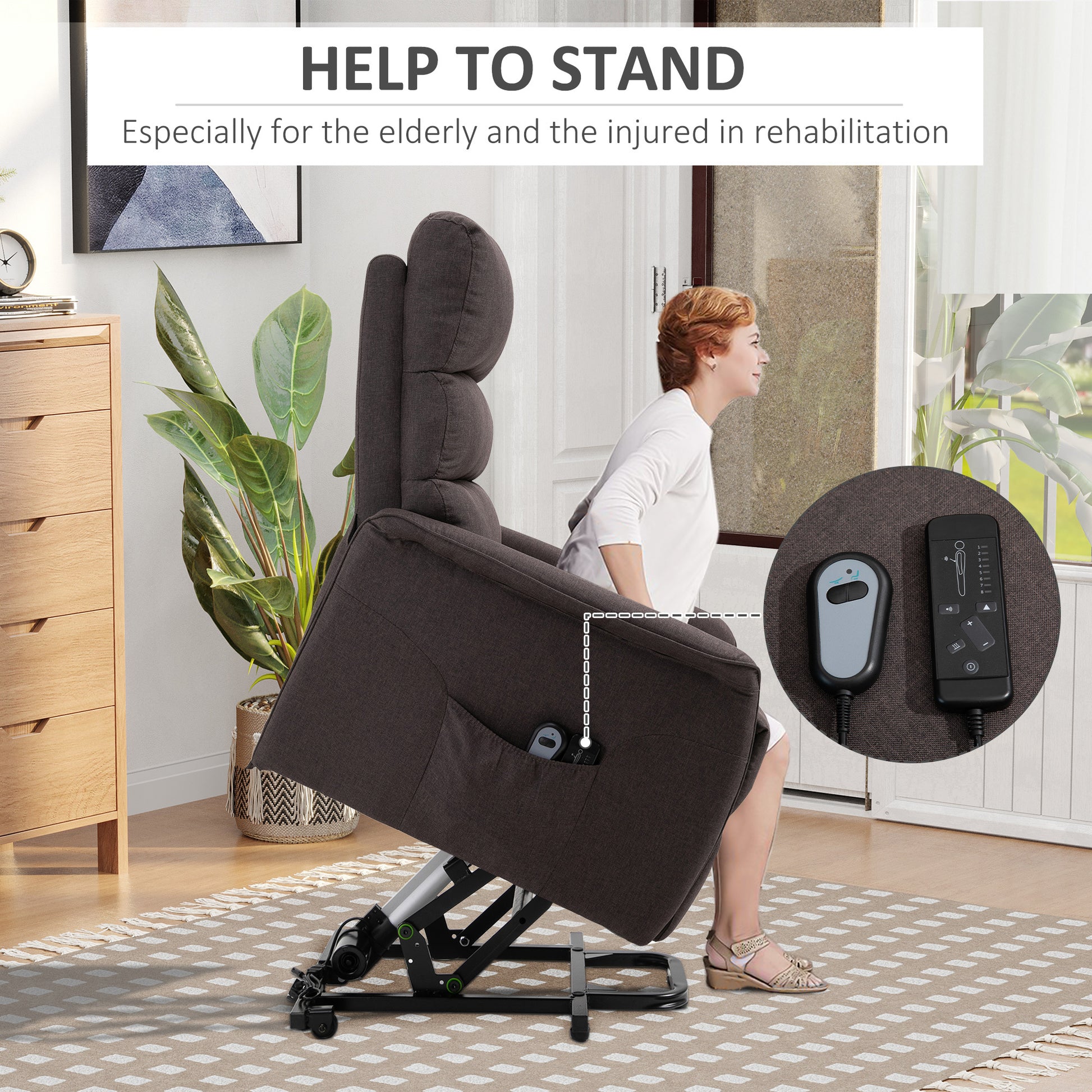 Electric Power Lift Recliner Chair For Elderly, Fabric Lift Chair With Remote Control, Side Pockets For Living Room, Brown Brown Polyester