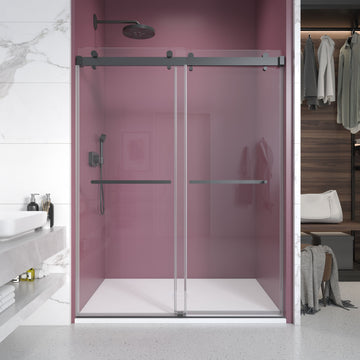 62'' 66'' W X 76'' H Double Sliding Frameless Shower Door With 3 8 Inch 10Mm Clear Glass In Matte Black Matte Black Stainless Steel