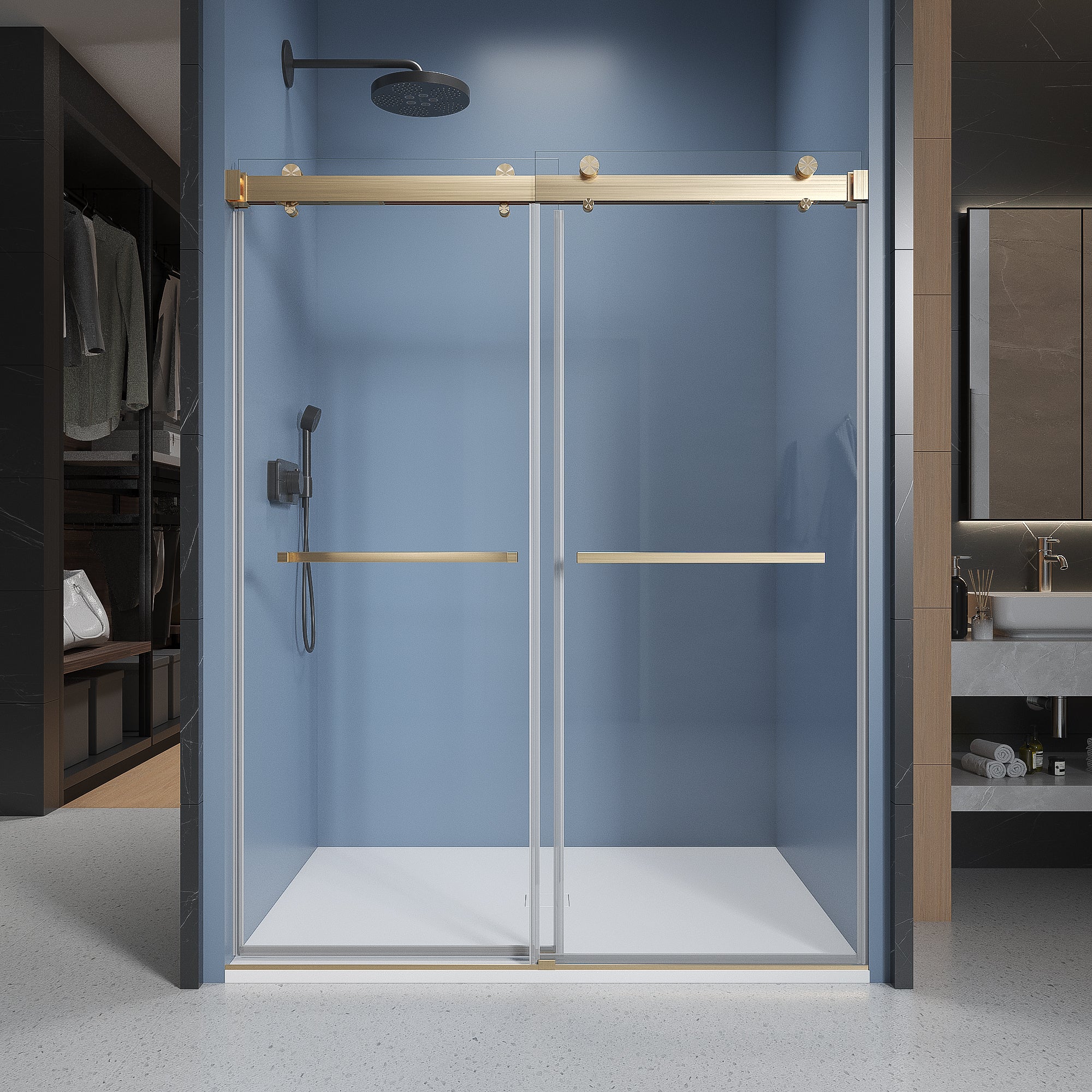 68'' 72'' W X 76'' H Soft Closing Double Sliding Frameless Shower Door With 3 8 Inch 10Mm Clear Glass In Brushed Gold Brushed Gold Stainless Steel