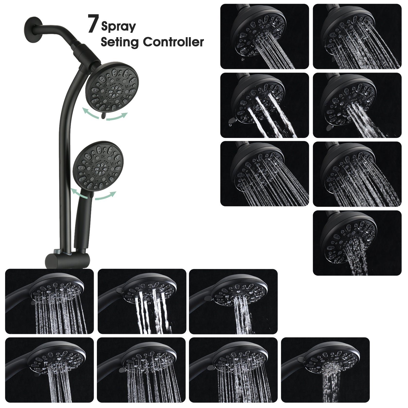 Drill Free Stainless Steel Slide Bar Combo Rain Showerhead 7 Setting Hand, Dual Shower Head Spa System Matte Black Abs