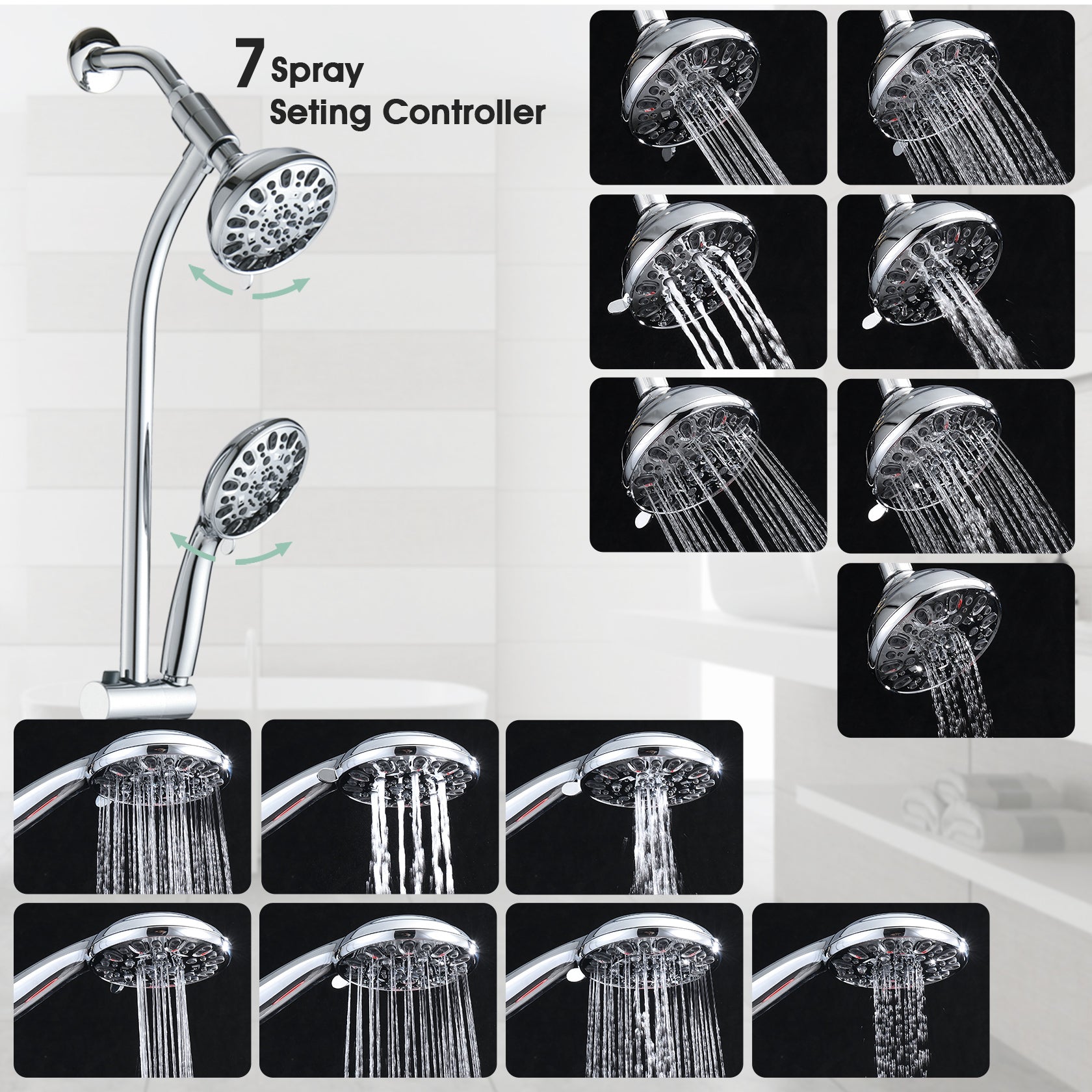 Drill Free Stainless Steel Slide Bar Combo Rain Showerhead 7 Setting Hand, Dual Shower Head Spa System Rough In Valve Included Chrome Abs