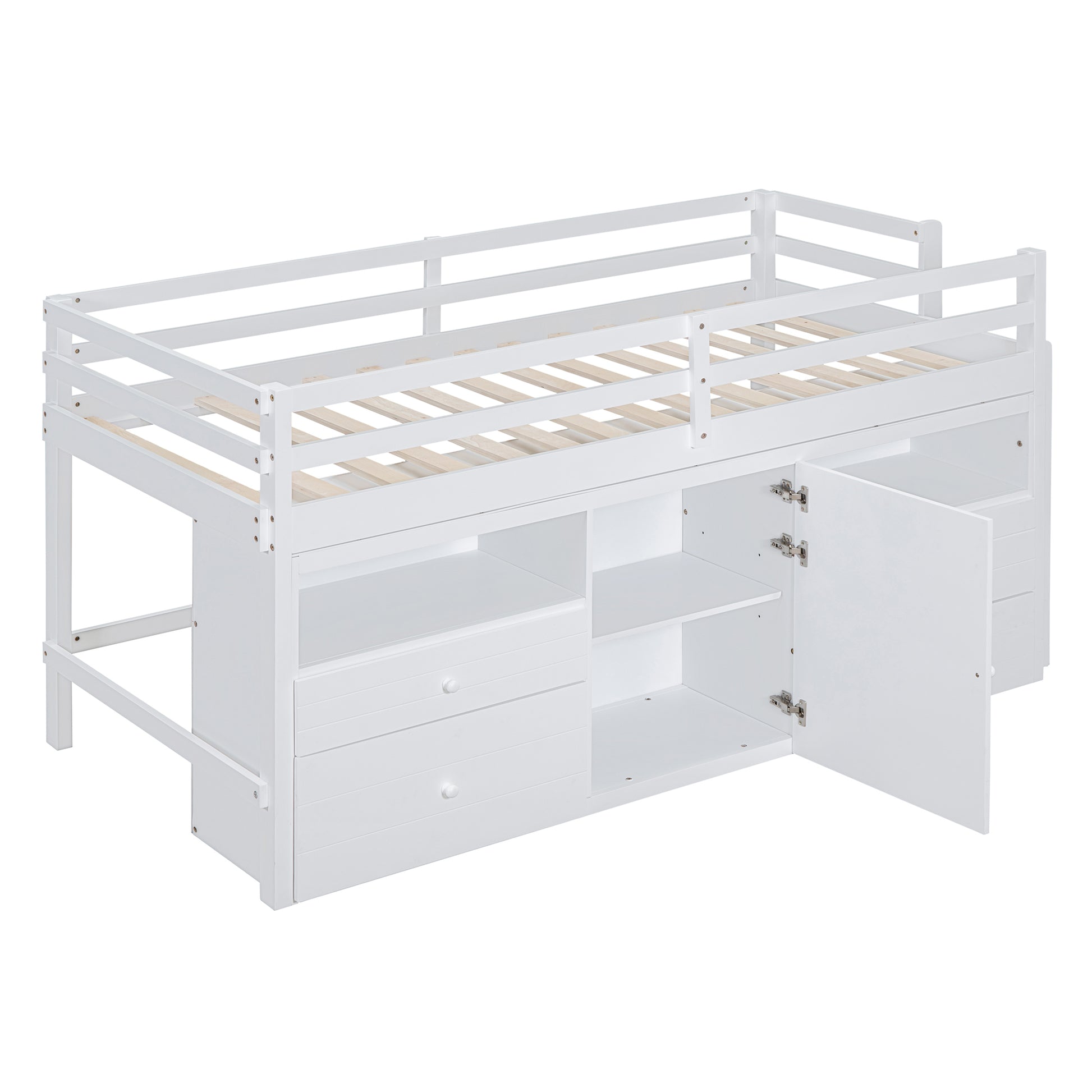 Twin Size Loft Bed With 4 Drawers, Underneath Cabinet And Shelves, White White Solid Wood Mdf