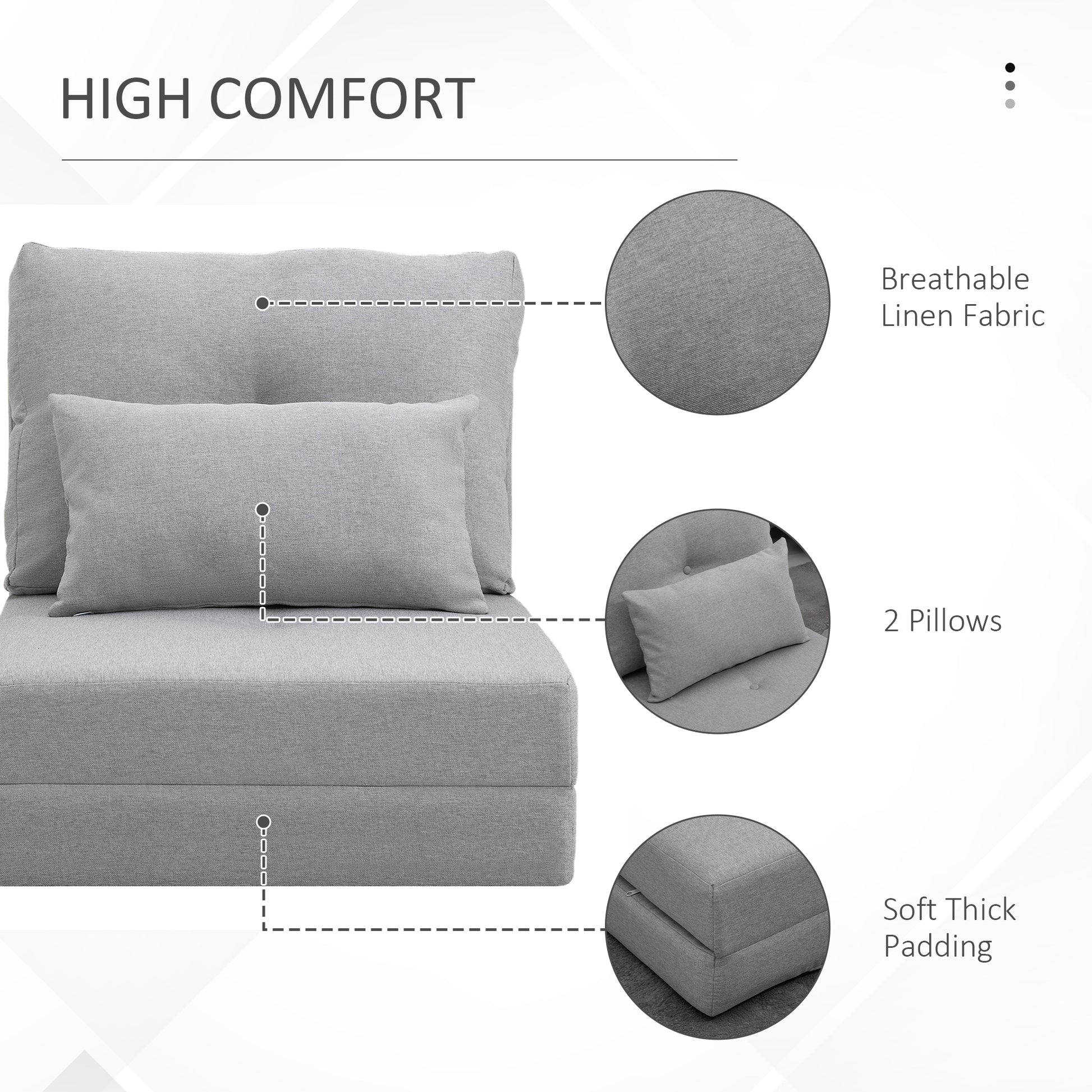 Convertible Flip Chair, Floor Lazy Sofa, Folding Upholstered Couch Bed With Adjustable Backrest, Metal Frame And Pillows For Living Room Bedroom, Light Grey Gray Linen