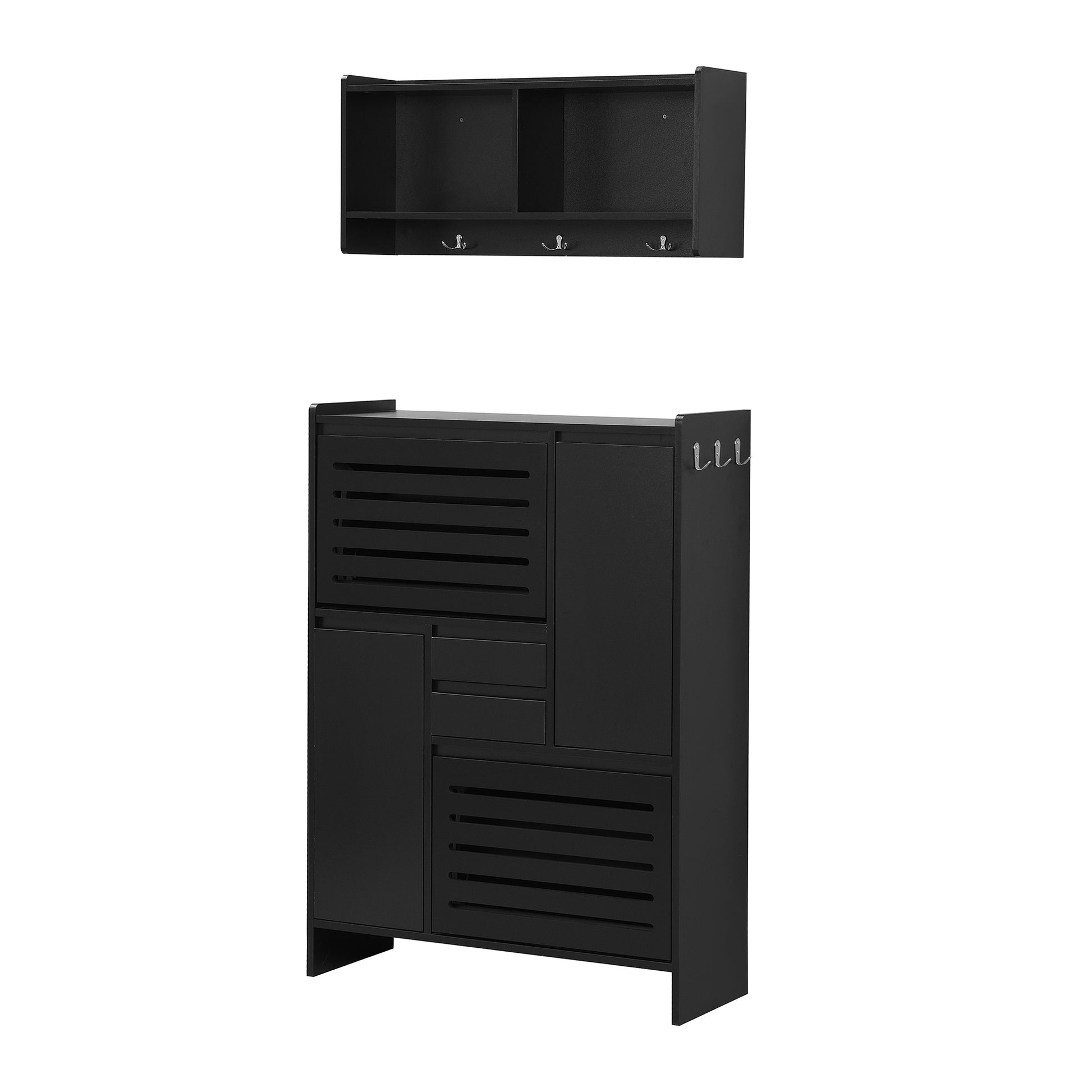 Multi Functional Shoe Cabinet With Wall Cabinet, Space Saving Design Foyer Cabinet With 2 Flip Drawers, Versatile Side Cabinet For Hallway, Black Black Primary Living Space Particle Board