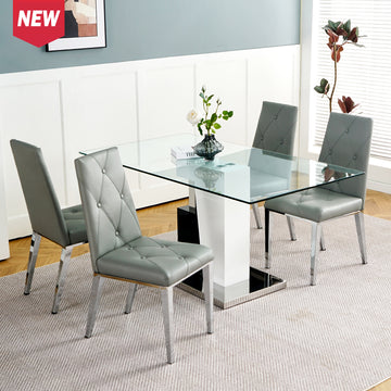 Modern Style Glass Table, Elegant Transparent Design, Durable Support Base, Solid, Selected Materials Made Of Furniture Display Fashion, Suitable For The Living Room Set Of 5 Grey Silver Seats 4 Mdf Glass