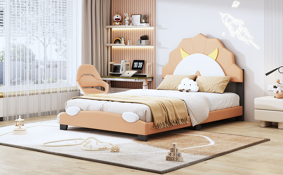 Twin Size Upholstered Leather Platform Bed With Lion Shaped Headboard, Brown Brown Upholstered