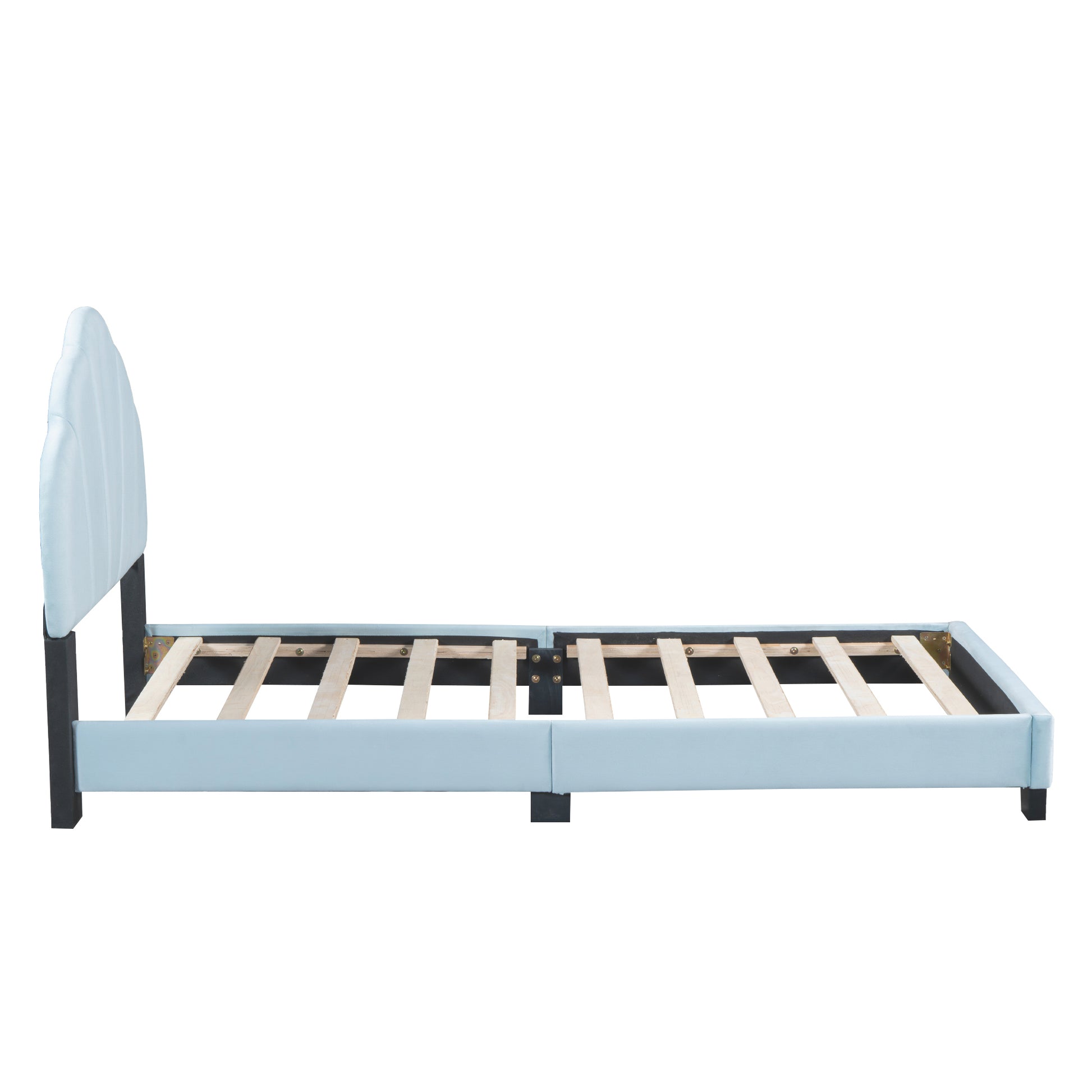 Twin Size Upholstered Velvet Platform Bed With Shell Shaped Headboard, Blue Blue Upholstered