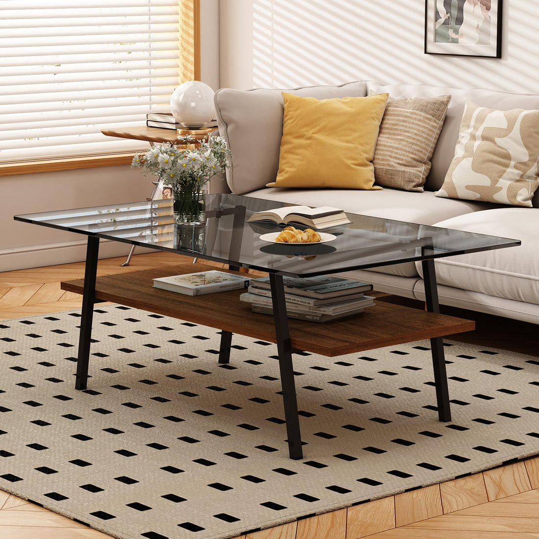 Rectangle Coffee Table, Tempered Glass Tabletop With Black Metal Legs, Modern Table For Living Roomgray Glass Gray Tempered Glass