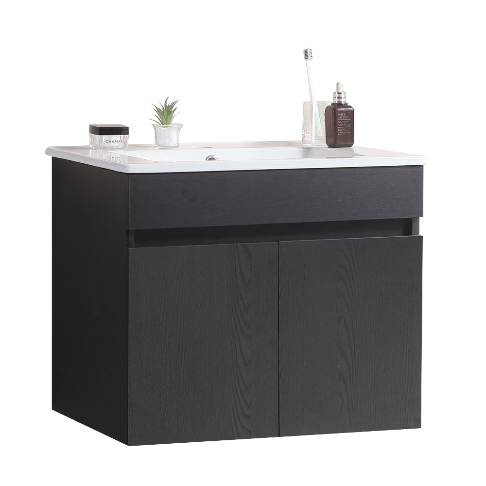 24 Inch Wall Mounted Bathroom Vanity With White Ceramic Basin,Two Soft Close Cabinet Doors, Solid Wood,Excluding Faucets,Black Black Solid Wood