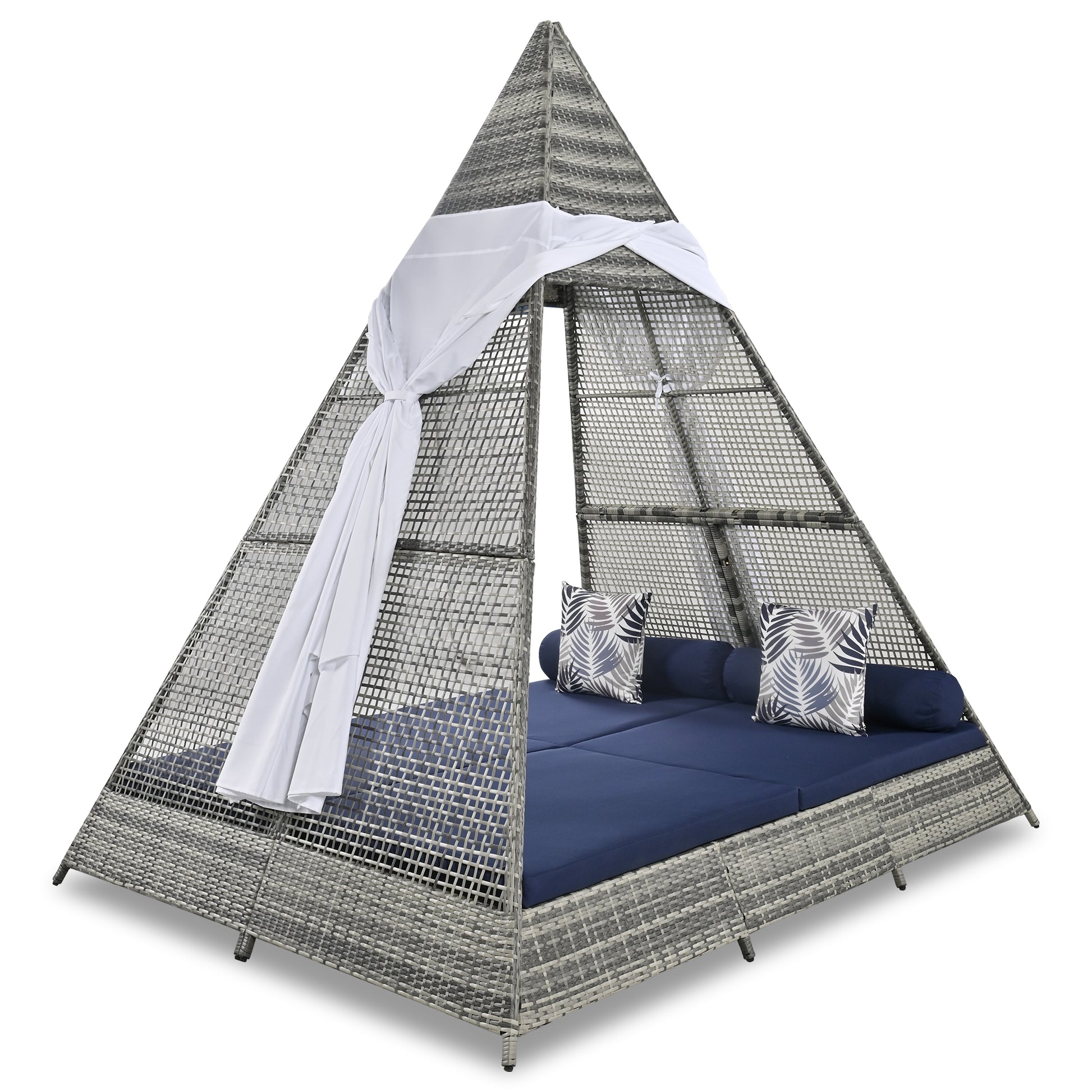 90.5" Length Outdoor Sunbed With Colorful Pillows, Wicker Patio Daybed With Cushions, Tent Shape, Gray And Blue Yes Blue Grey Wicker