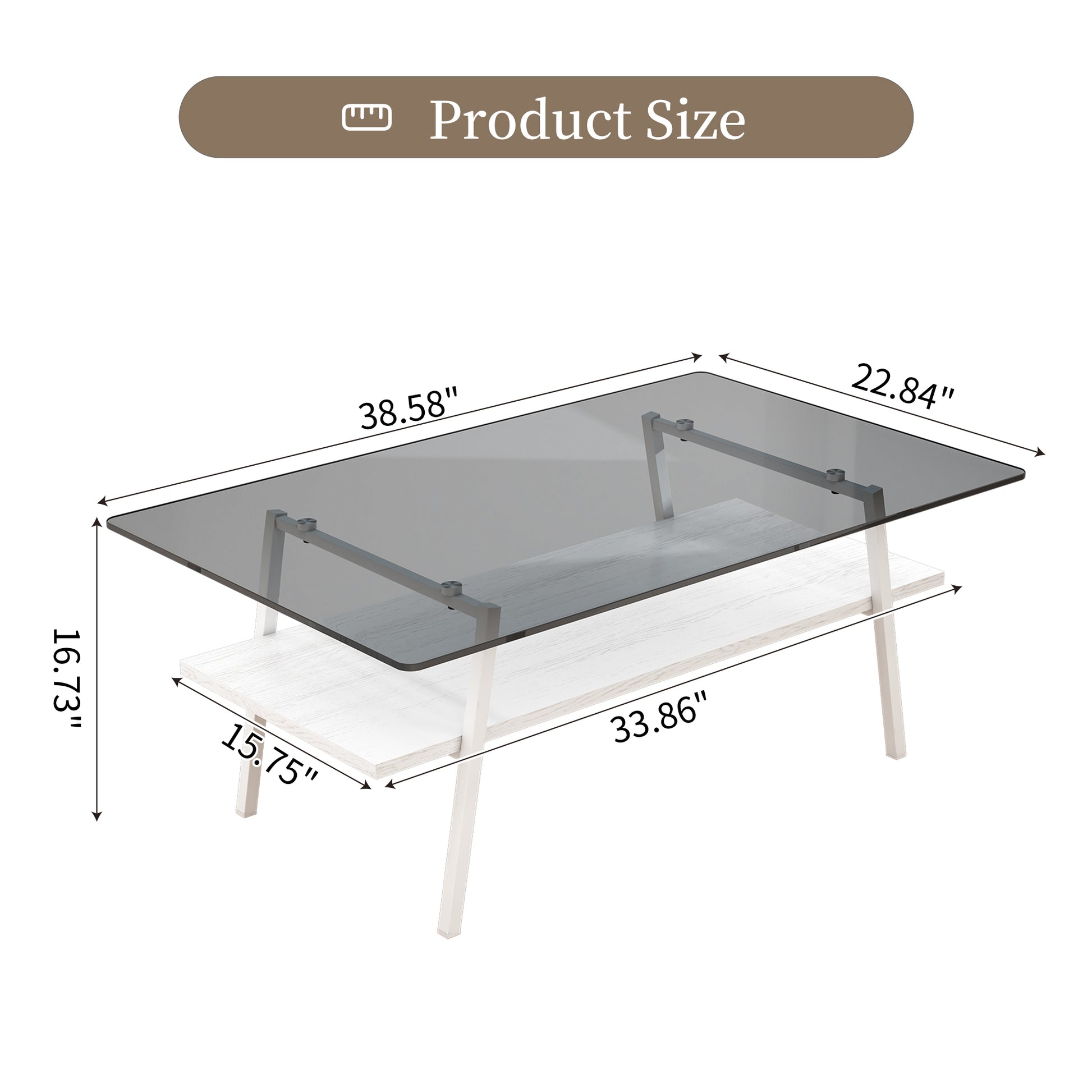 Rectangle Coffee Table, Tempered Glass Tabletop With White Metal Legs, Modern Table For Living Roomgray Glass Gray Tempered Glass