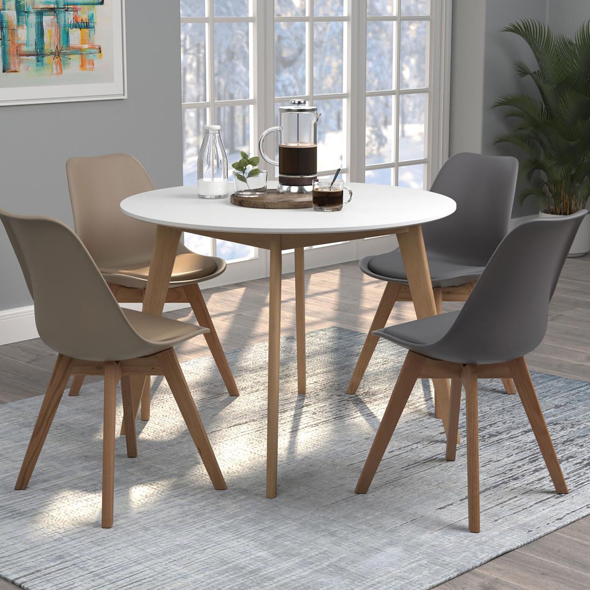 Matte White And Natural Round Dining Table White Primary Living Space Mid Century Modern Tabeltop Rubberwood Round Kitchen & Dining Tables Wood