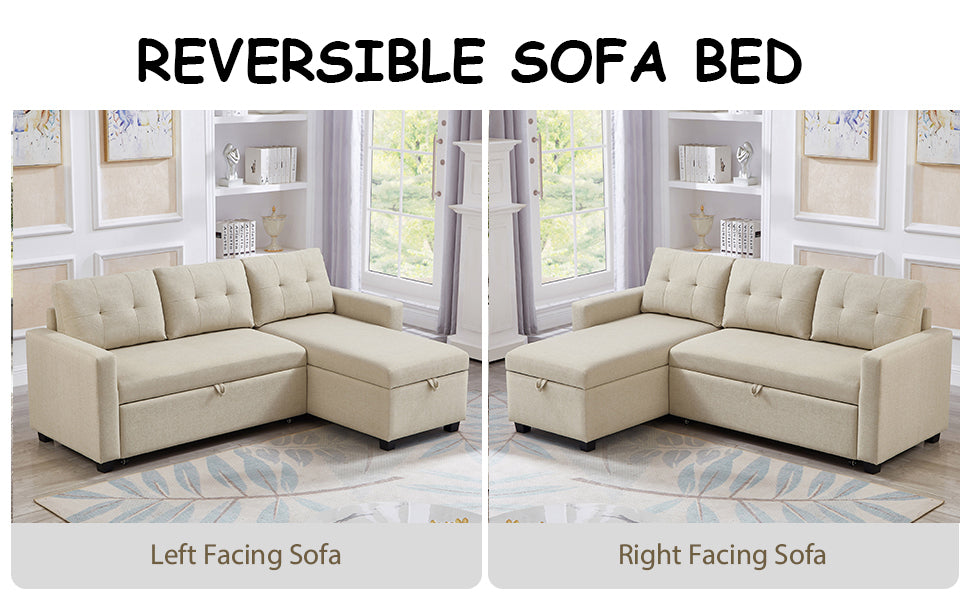 Upholstered Pull Out Sectional Sofa With Storage Chaise, Convertible Corner Couch, Beige Beige Wood Medium Soft Pillow Back Modern Square Arms Linen 3 Seat
