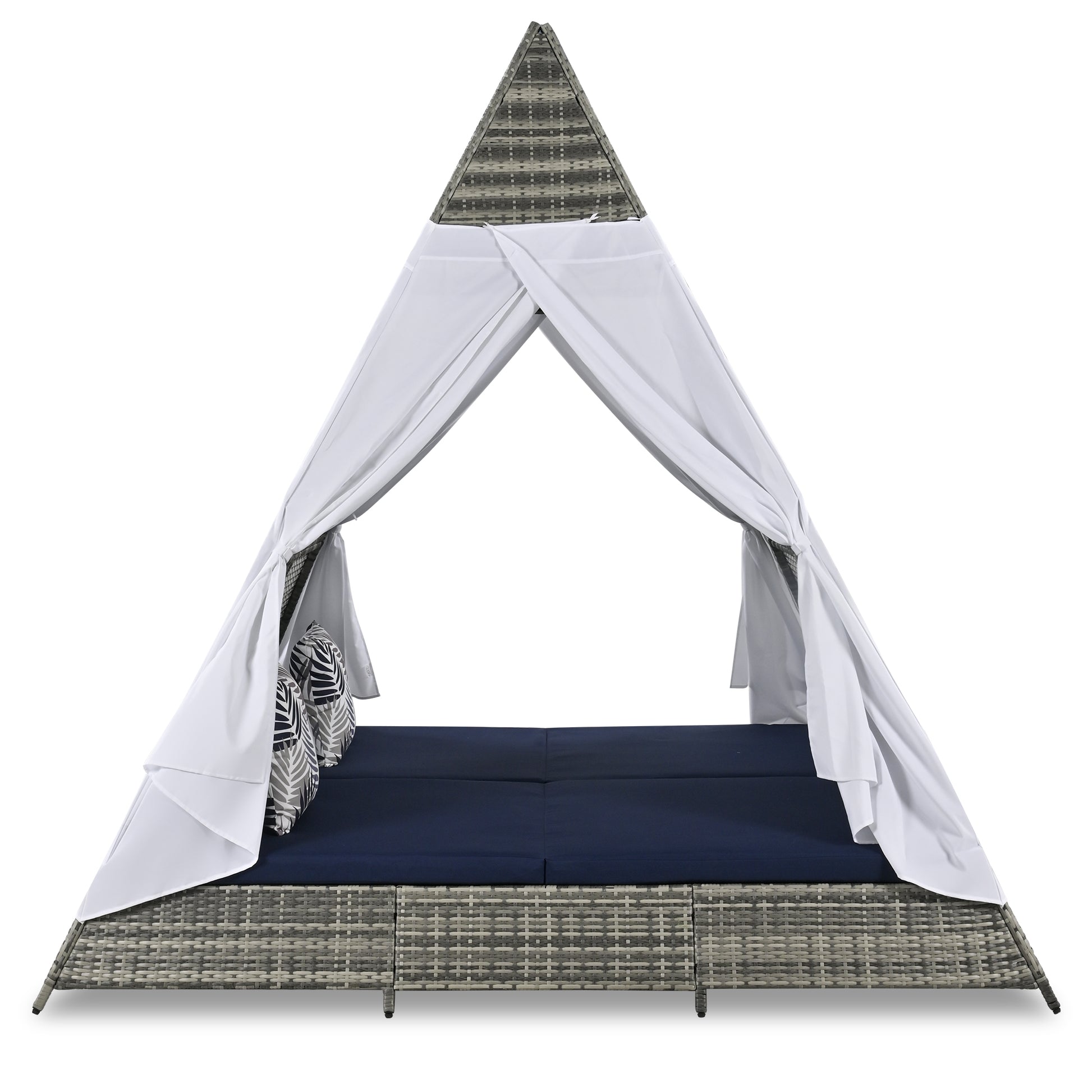 90.5" Length Outdoor Sunbed With Colorful Pillows, Wicker Patio Daybed With Cushions, Tent Shape, Gray And Blue Yes Blue Grey Wicker