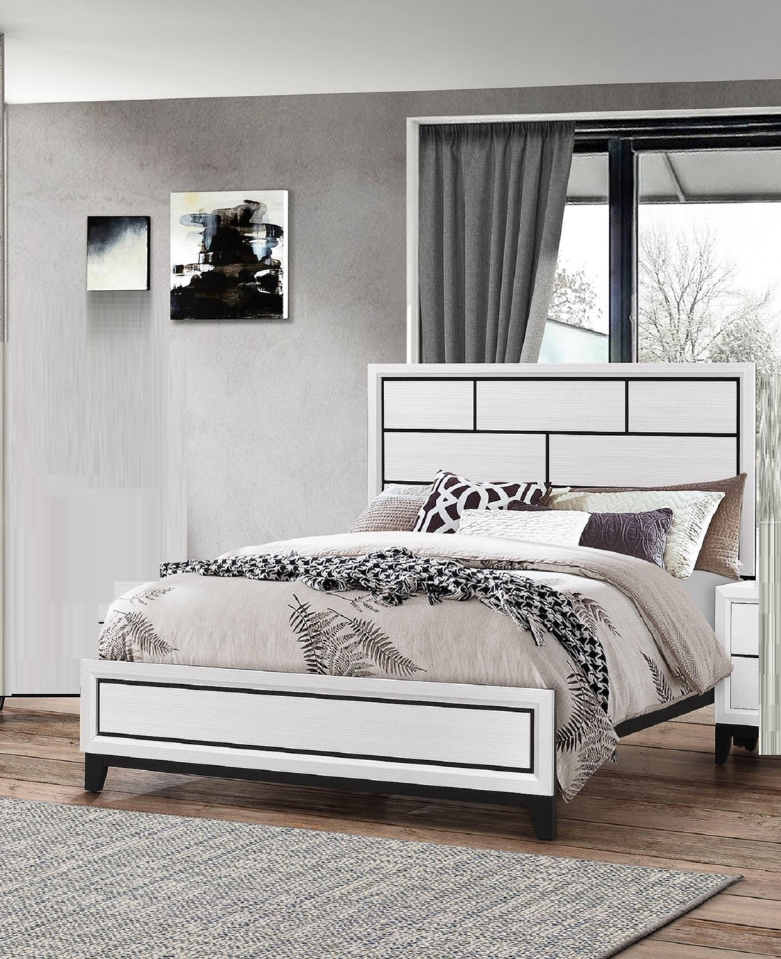 Cotemporary White Finish Twin Size Panel Low Profile Youth Kids Bed Geometric Design Wooden Bedroom Furniture White Wood