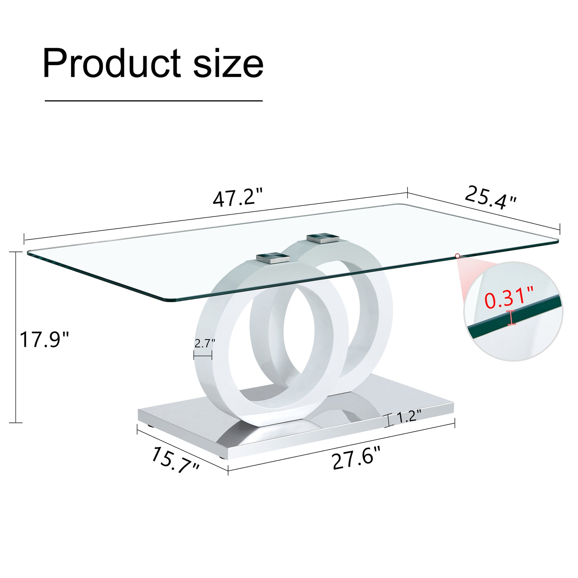 Rectangular Modern And Fashionable Coffee Table With Tempered Glass Tabletop And White Legs. Suitable For Living Room.47.2"*25.4"*17.9" White Glass