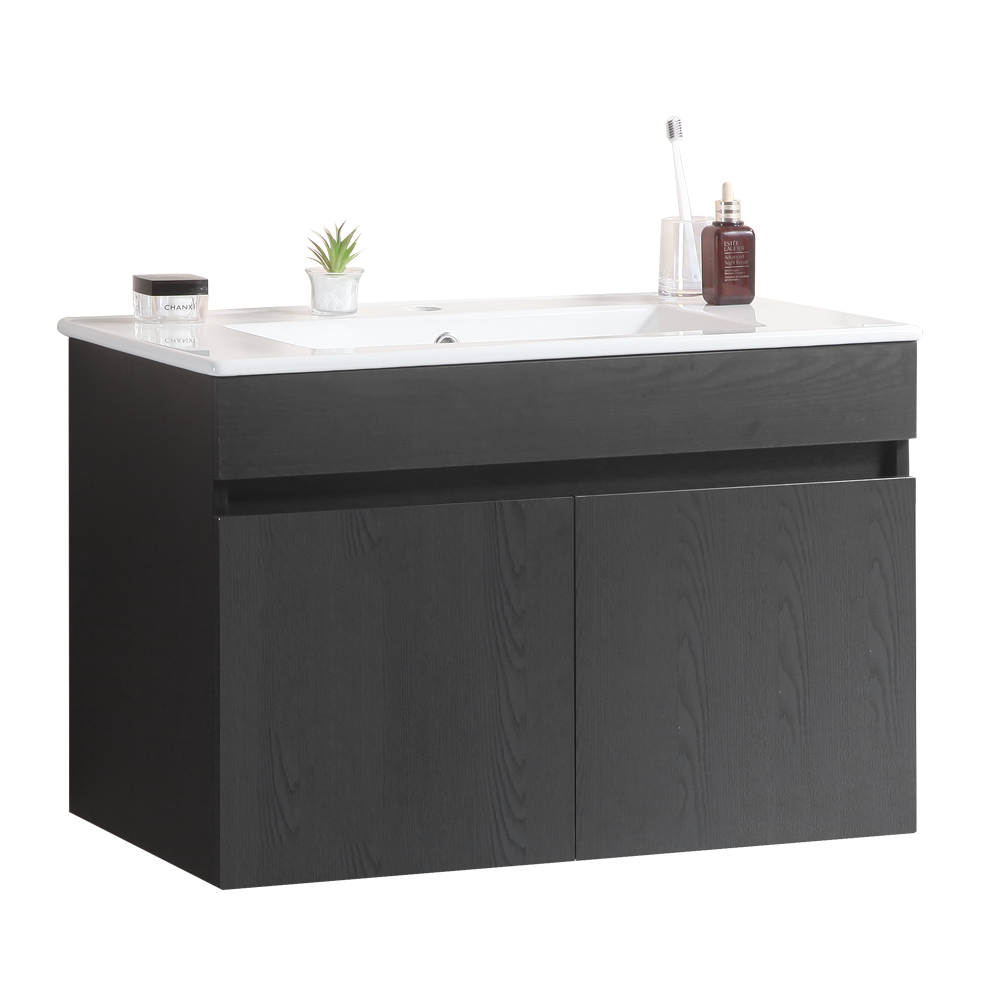 30 Inch Wall Mounted Bathroom Vanity With White Ceramic Basin,Two Soft Close Cabinet Doors, Solid Wood,Excluding Faucets,Black Black Solid Wood